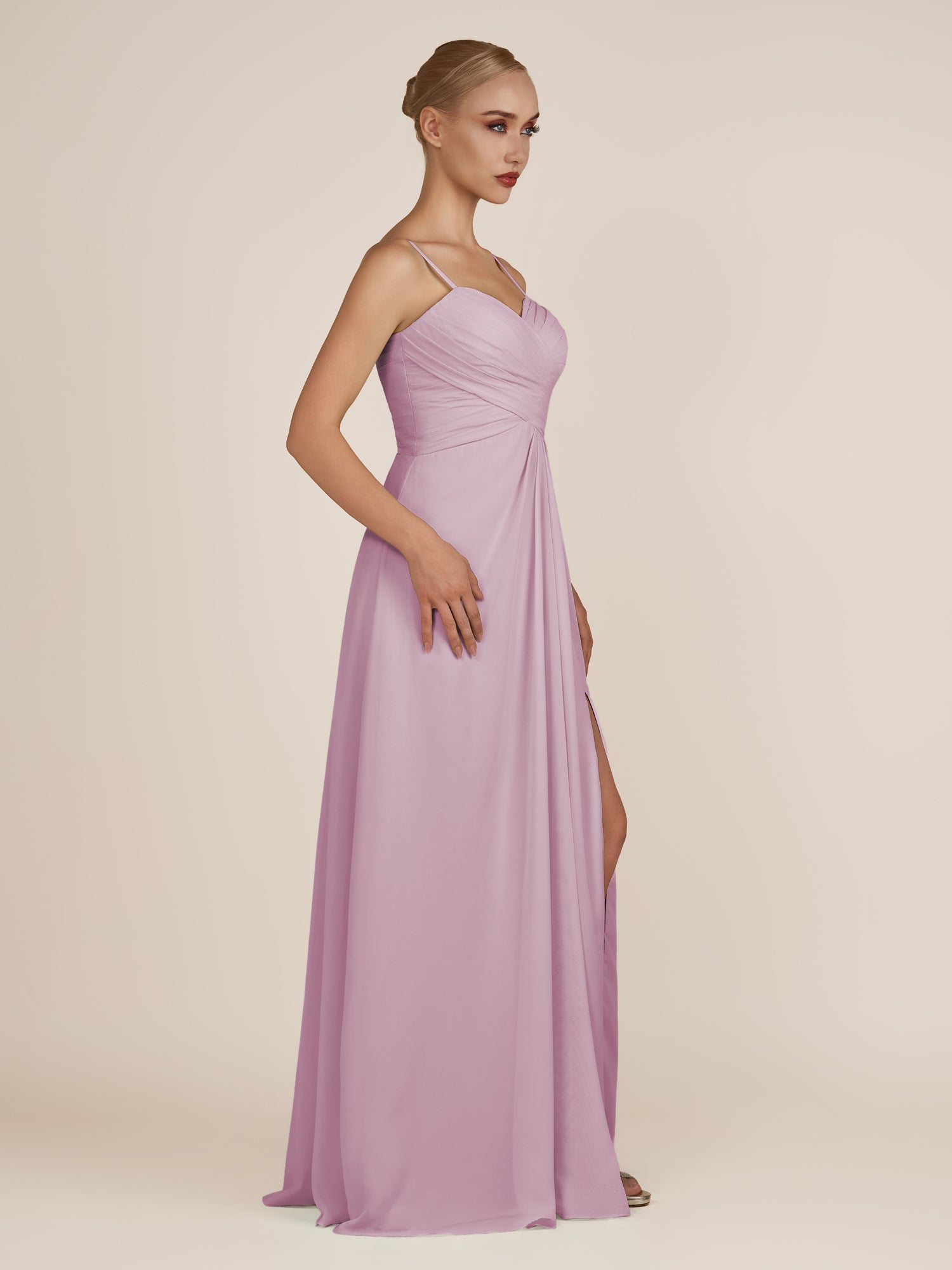 KissDress-Ysolina Wisteria A Line Sweetheart Chiffon Pleated Long Bridesmaid Dress with Slit