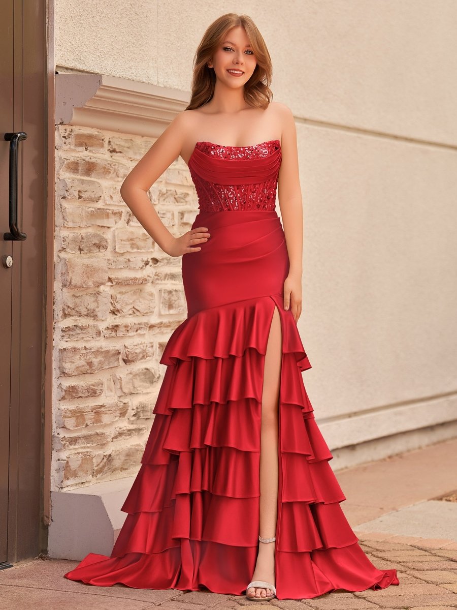 Yvonne | Charming Mermaid Strapless Pink Satin Long Prom Dresses with Appliques - KissProm