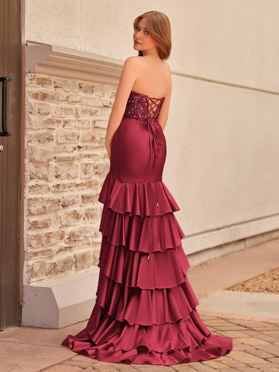 Yvonne | Charming Mermaid Strapless Pink Satin Long Prom Dresses with Appliques - KissProm