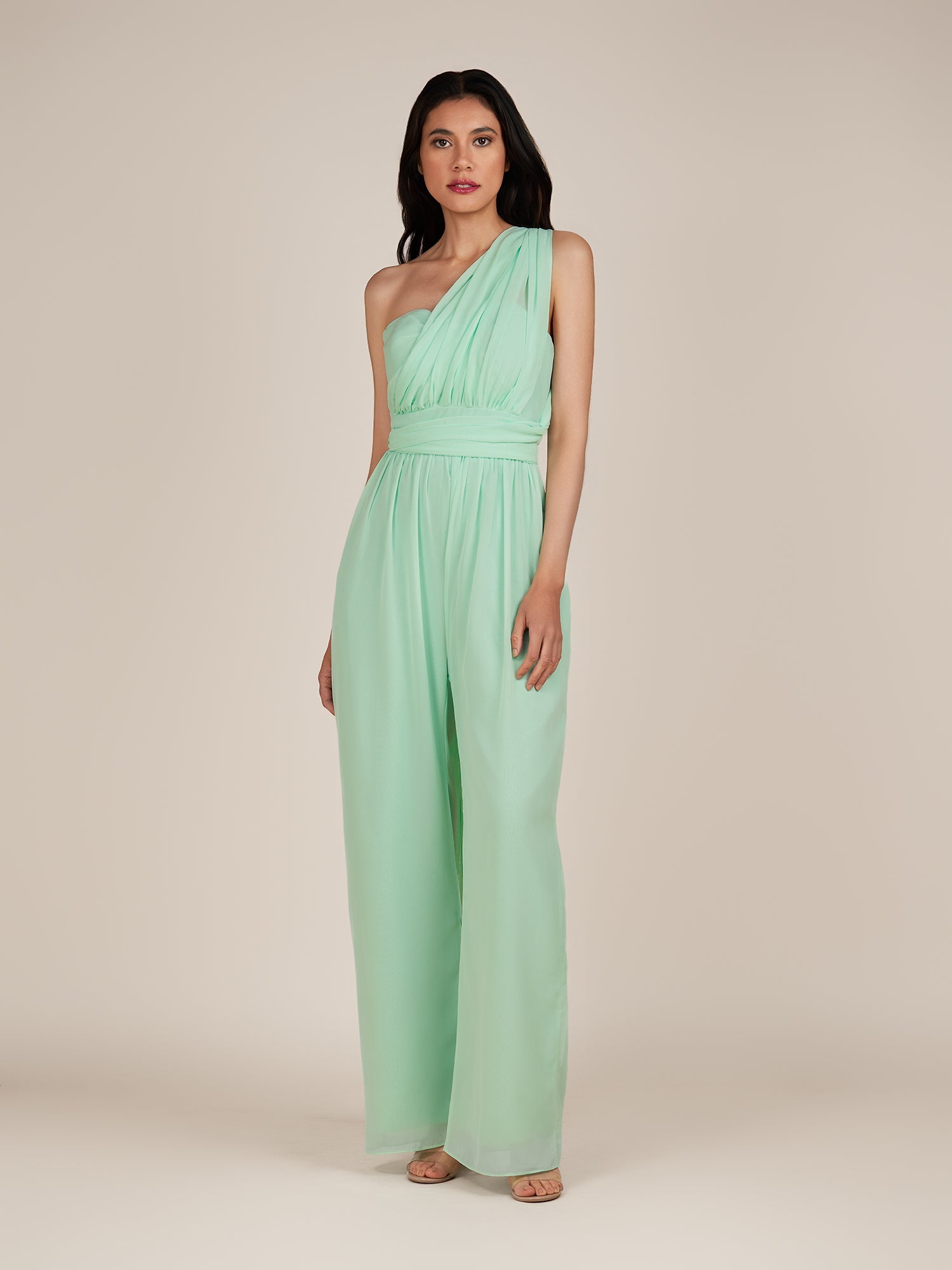 KissDress-Zafira Pale Pistachio Chiffon Versatile Neckline Long Bridesmaid Dress Pants with Pockets