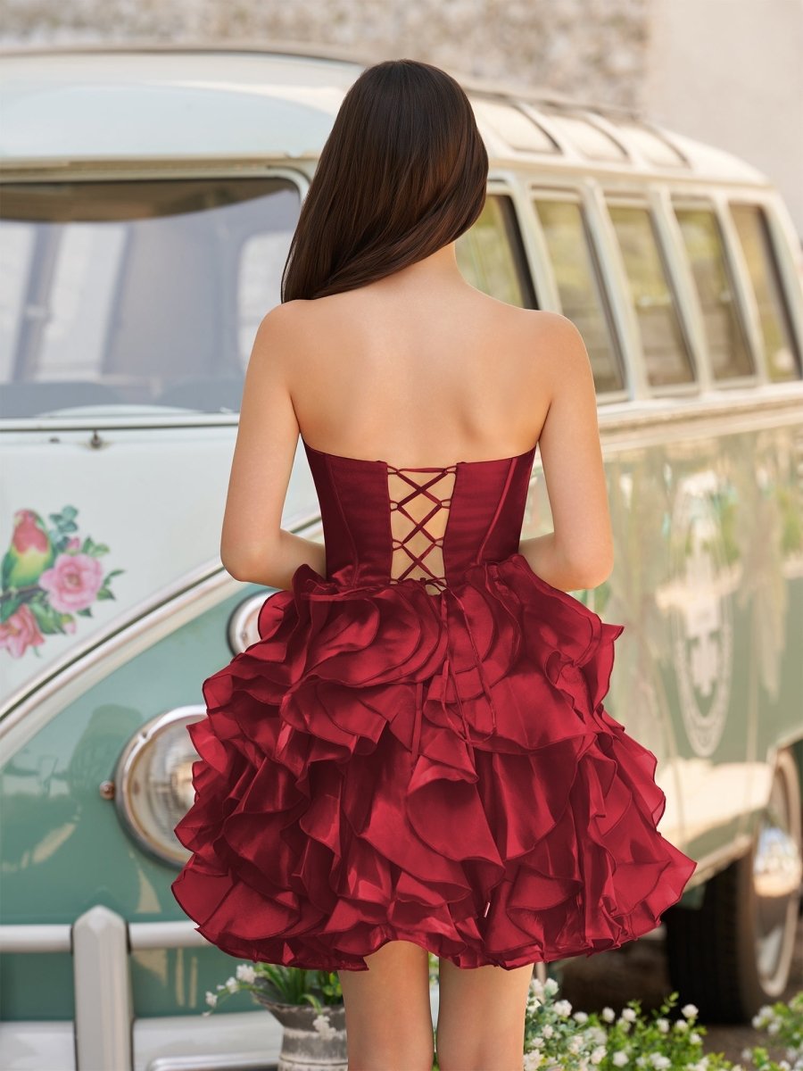Zafrina | Burgundy - A Line Strapless Corset Ruffles Short Homecoming Dresses with Bows - KissProm