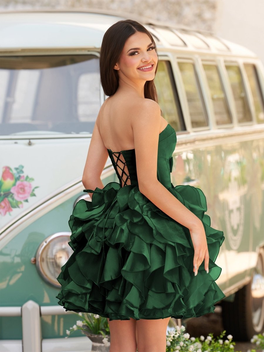 Zafrina | Dark Green - A Line Strapless Corset Ruffles Short Homecoming Dresses with Bows - KissProm