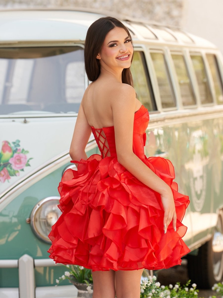 Zafrina | Red - A Line Strapless Corset Ruffles Short Homecoming Dresses with Bows - KissProm