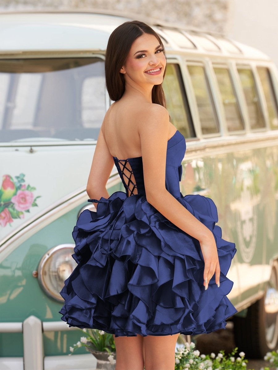 Zafrina | Navy Blue - A Line Strapless Corset Ruffles Short Homecoming Dresses with Bows - KissProm