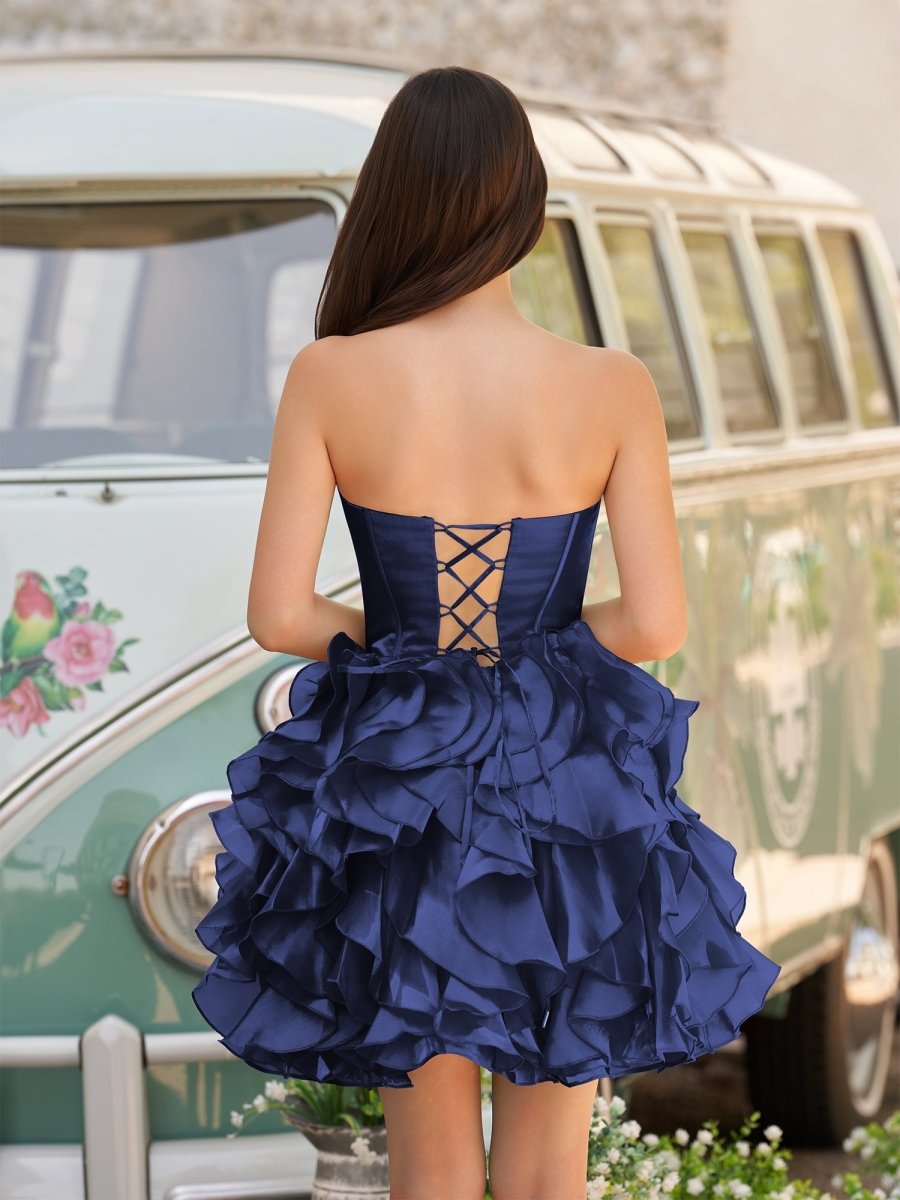 Zafrina | Navy Blue - A Line Strapless Corset Ruffles Short Homecoming Dresses with Bows - KissProm