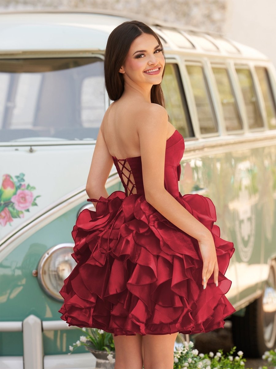 Zafrina | Burgundy - A Line Strapless Corset Ruffles Short Homecoming Dresses with Bows - KissProm