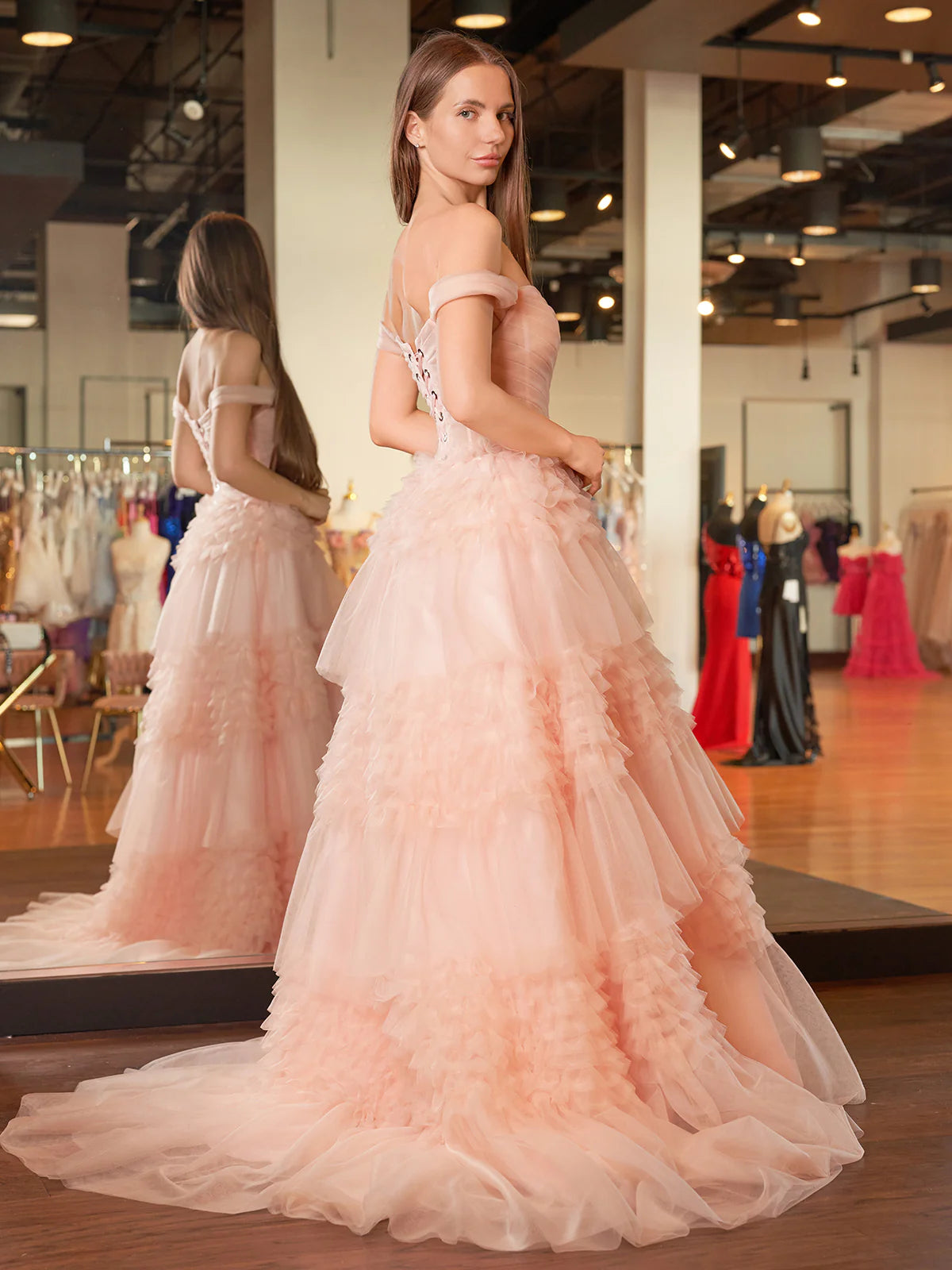 Blush Princess A line Off Shoulder Ruffled Tulle Prom Dress