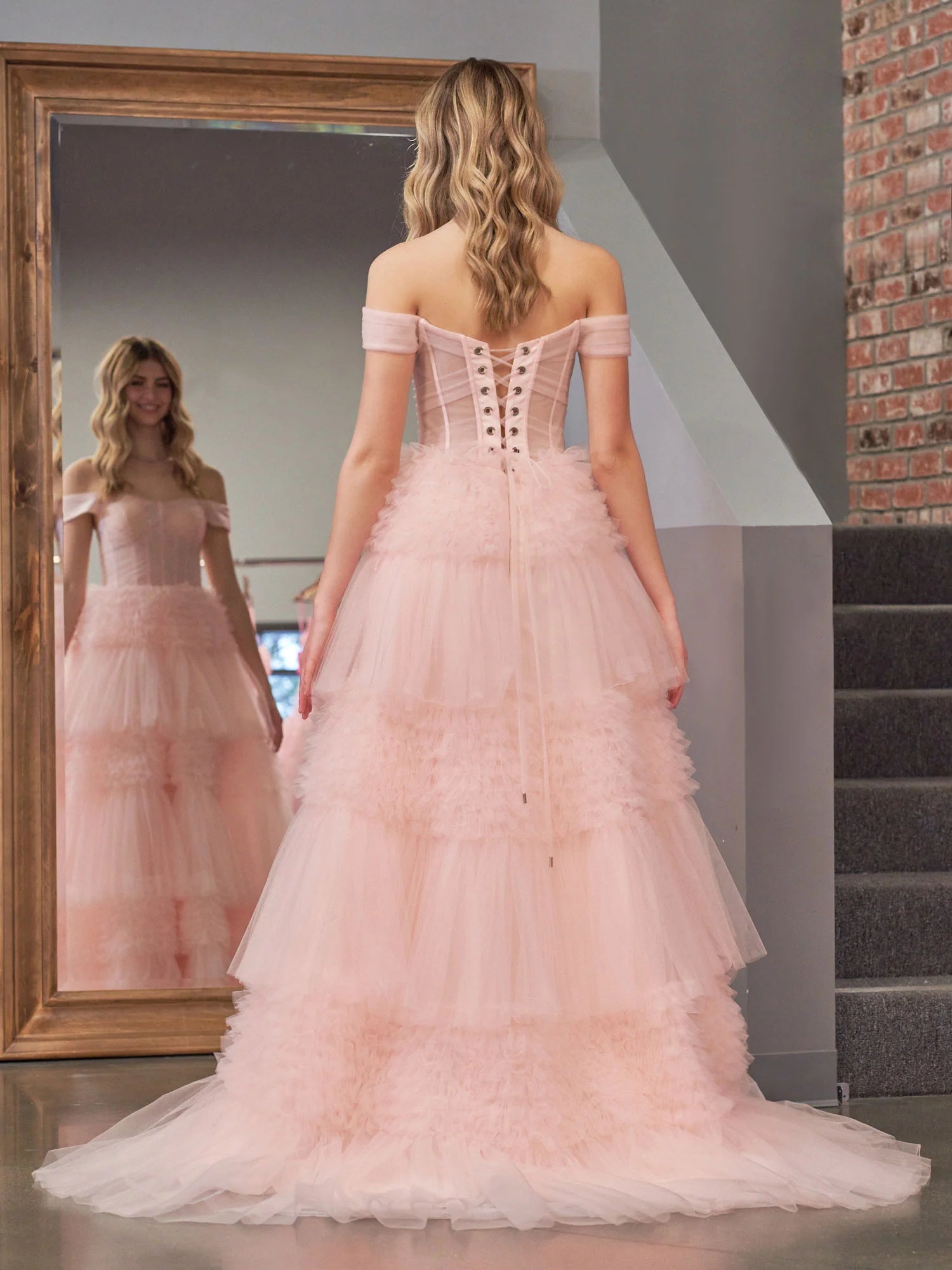 Blush Princess A line Off Shoulder Ruffled Tulle Prom Dress