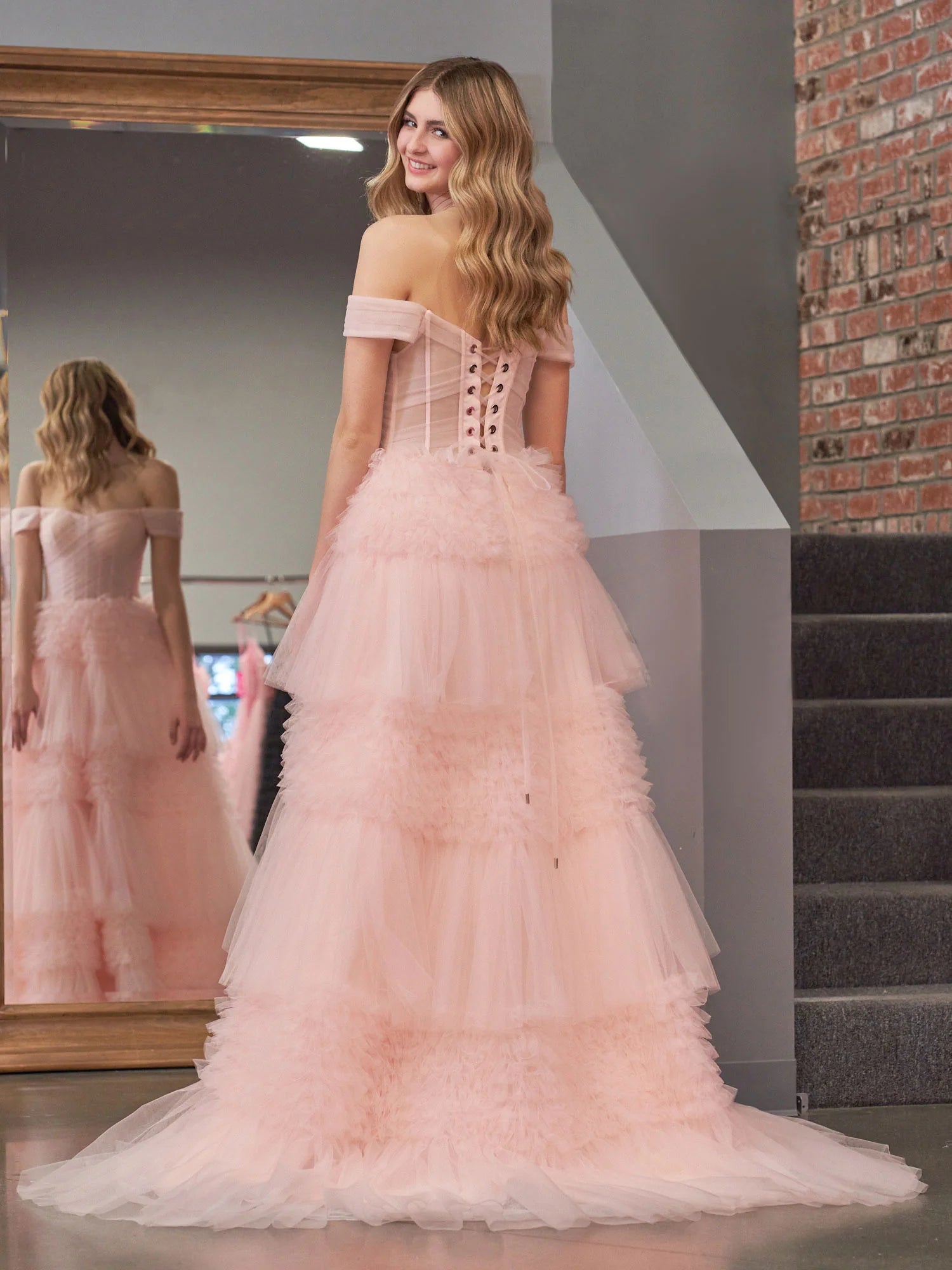 Blush Princess A line Off Shoulder Ruffled Tulle Prom Dress