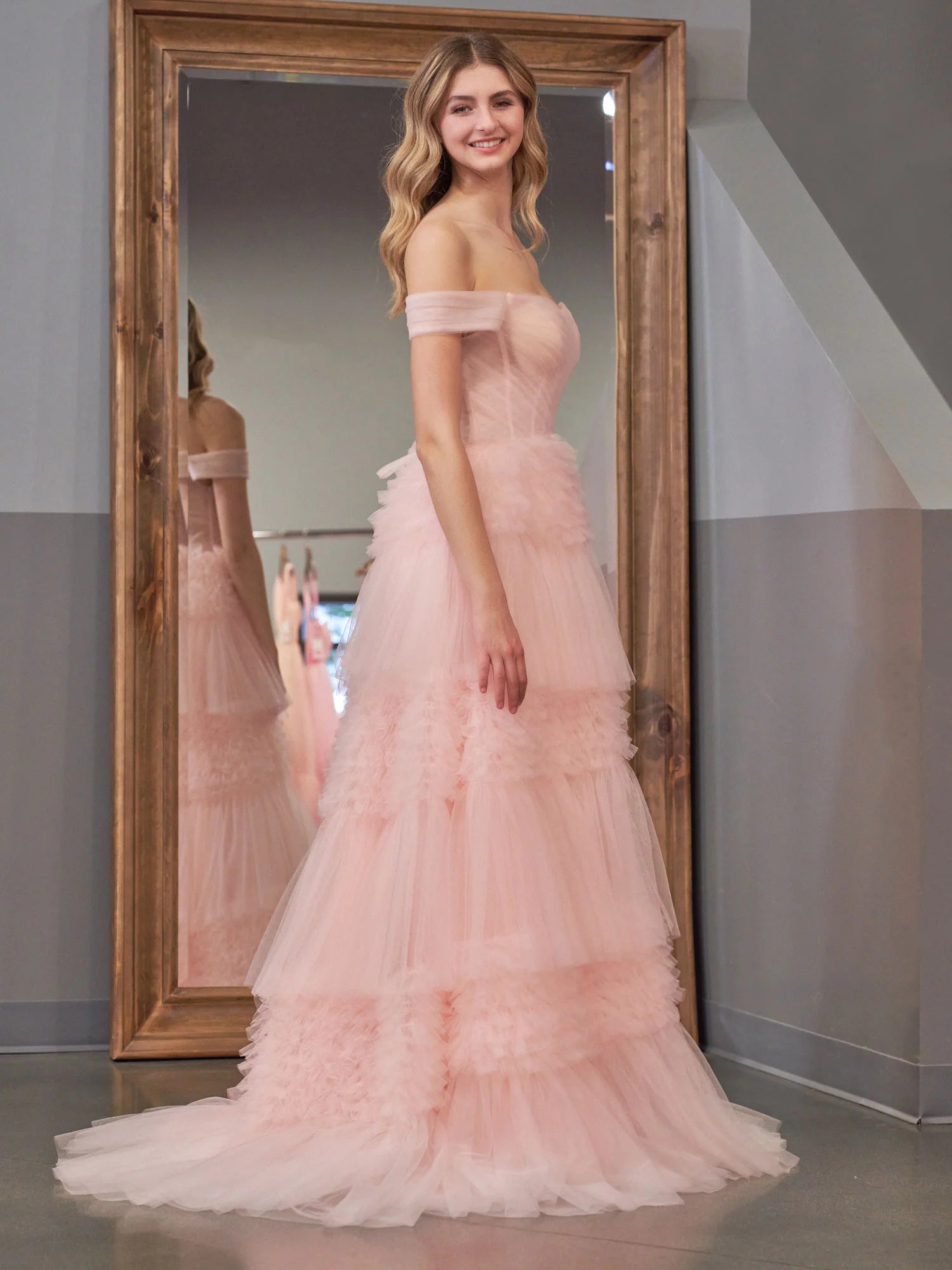 Blush Princess A line Off Shoulder Ruffled Tulle Prom Dress