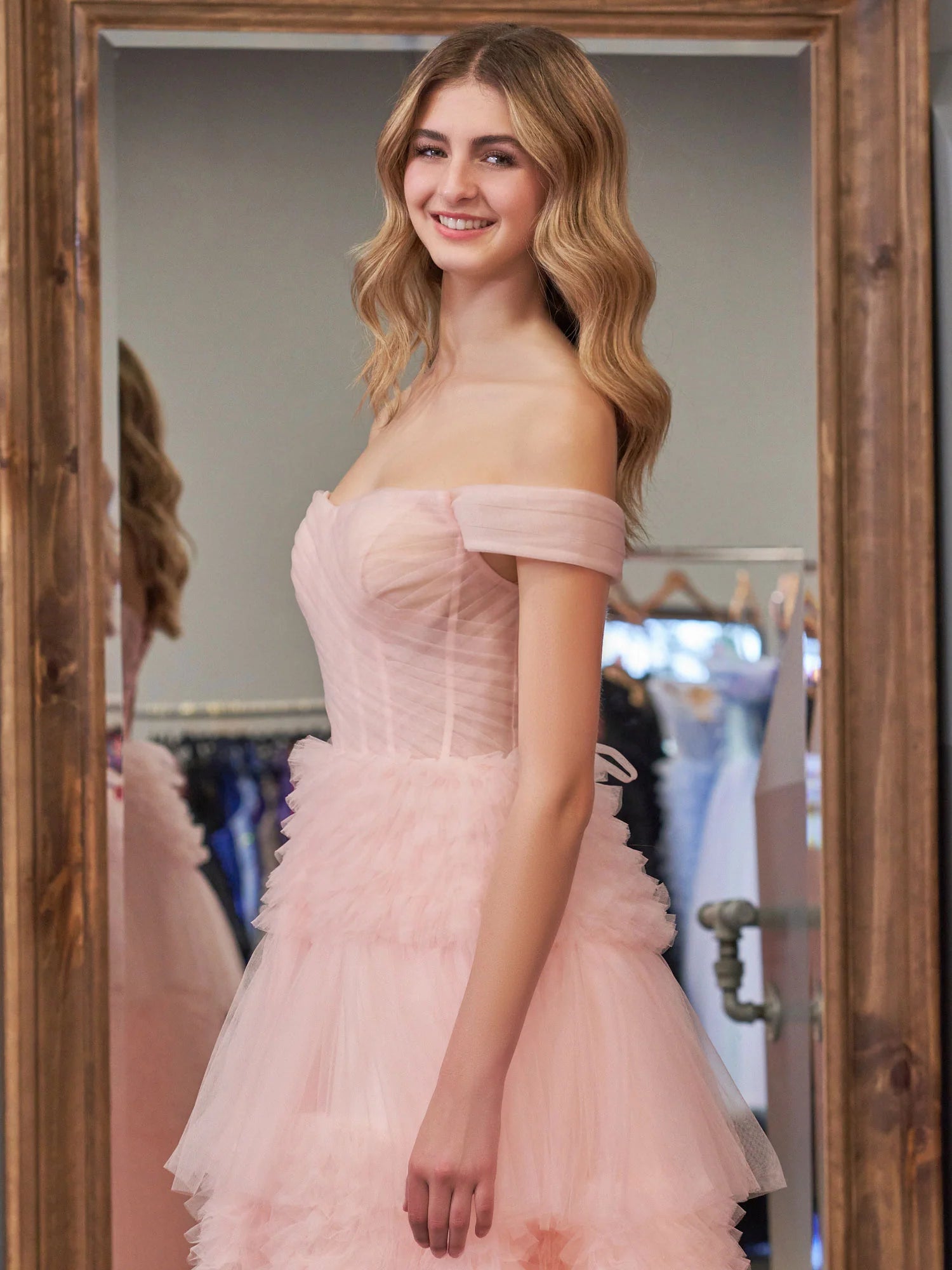 Blush Princess A line Off Shoulder Ruffled Tulle Prom Dress