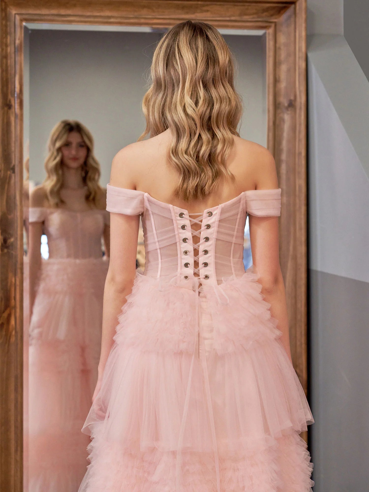 Blush Princess A line Off Shoulder Ruffled Tulle Prom Dress