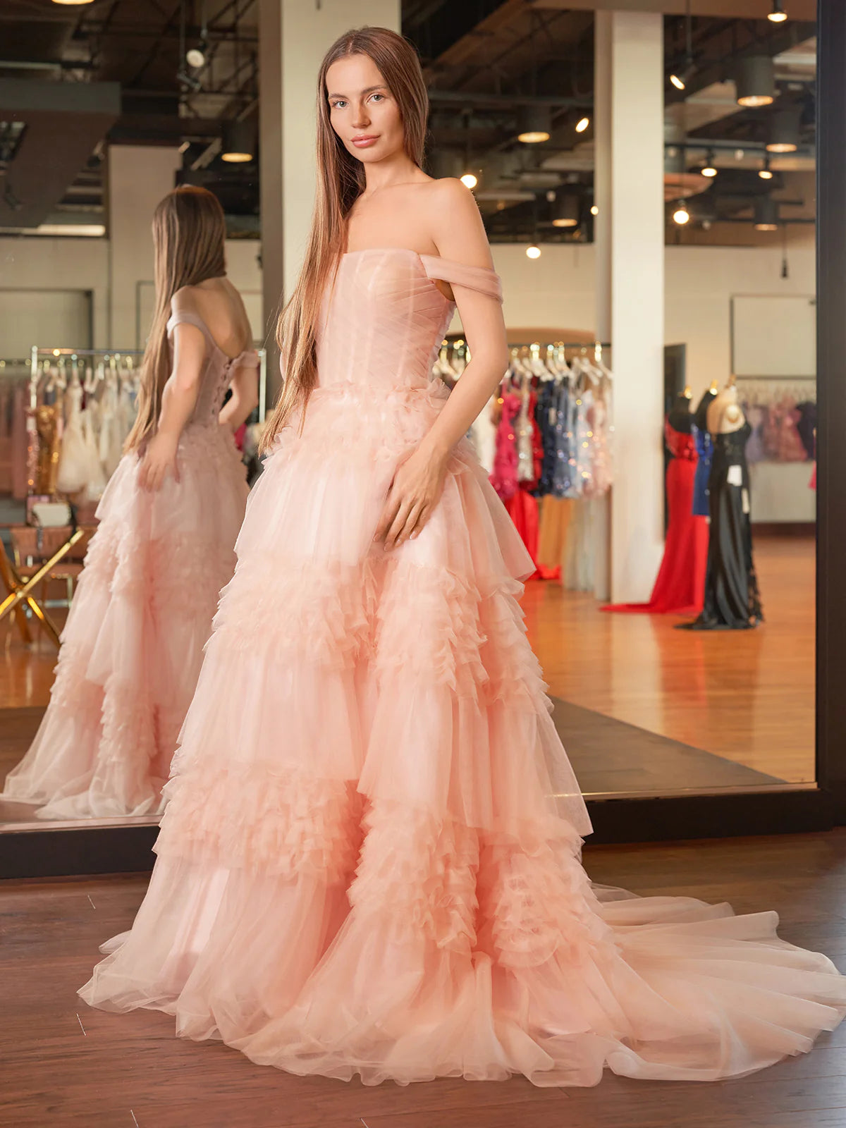 Blush Princess A line Off Shoulder Ruffled Tulle Prom Dress