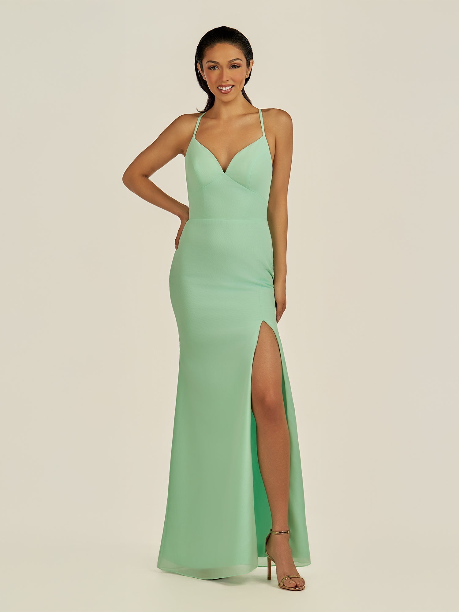 KissDress-Zeryn Pale Pistachio Sheath V Neck Chiffon Long Bridesmaid Dress with Slit