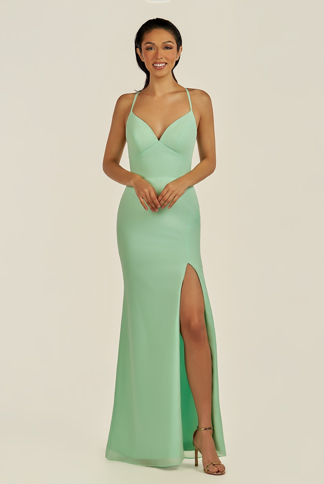 KissDress-Zeryn Pale Pistachio Sheath V Neck Chiffon Long Bridesmaid Dress with Slit