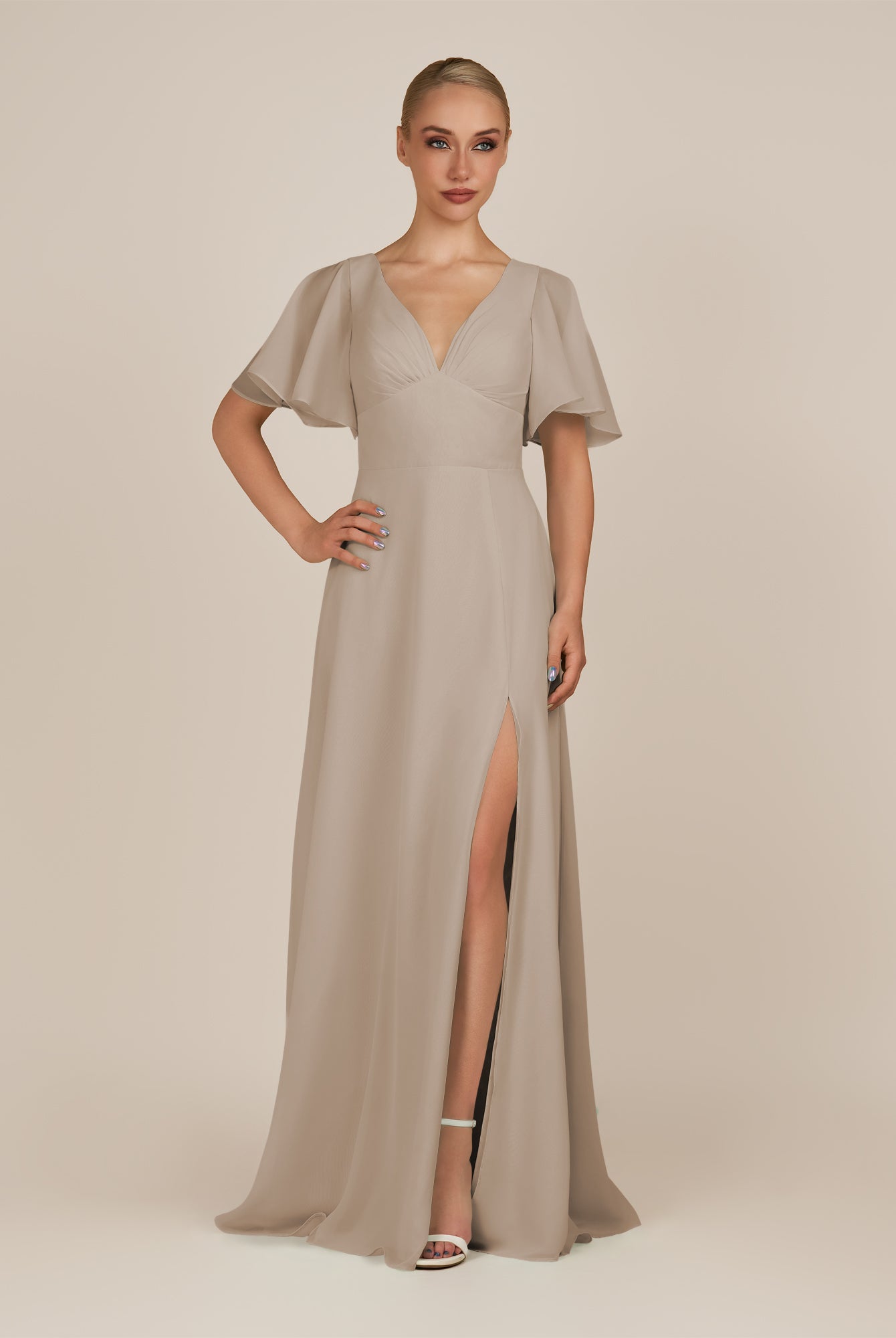 KissDress-Zorina Almond Sheath Chiffon Cap Sleeves V Neck Long Bridesmaid Dress with Slit