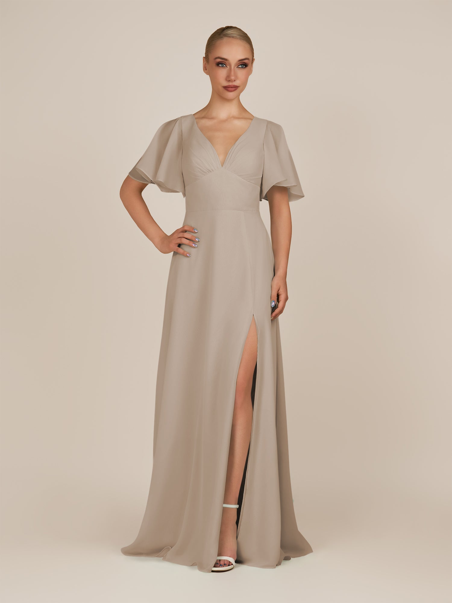 KissDress-Zorina Almond Sheath Chiffon Cap Sleeves V Neck Long Bridesmaid Dress with Slit