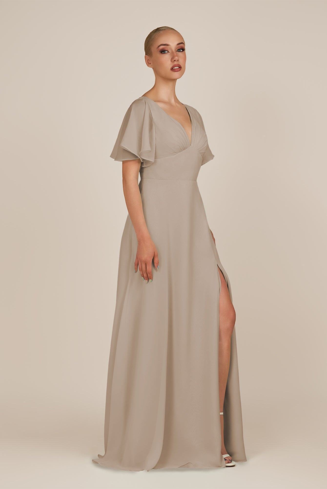 KissDress-Zorina Almond Sheath Chiffon Cap Sleeves V Neck Long Bridesmaid Dress with Slit