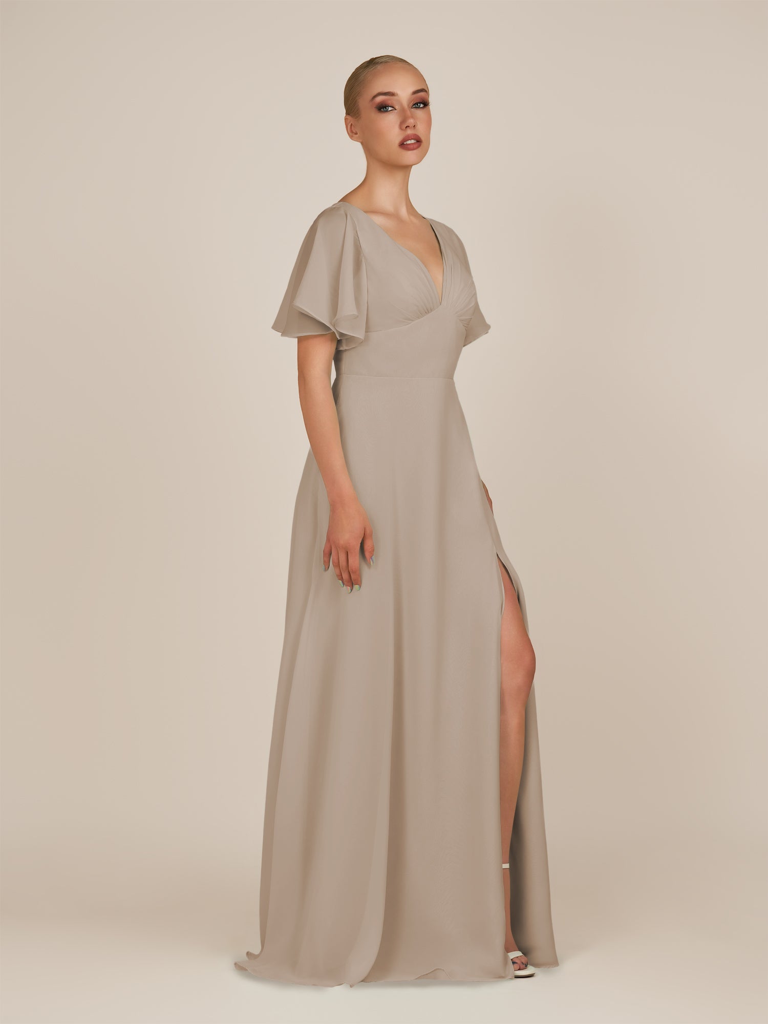 KissDress-Zorina Almond Sheath Chiffon Cap Sleeves V Neck Long Bridesmaid Dress with Slit