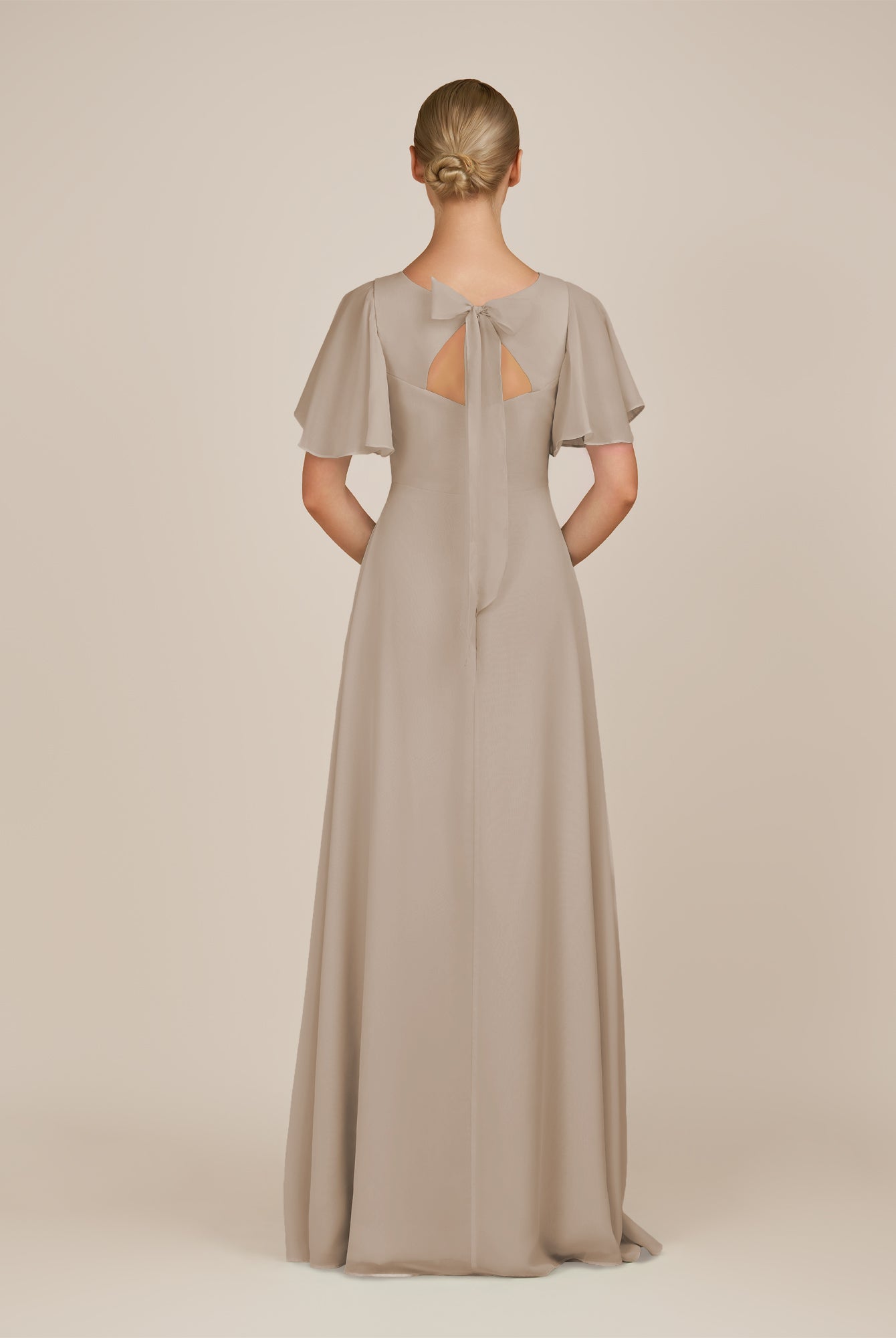 KissDress-Zorina Almond Sheath Chiffon Cap Sleeves V Neck Long Bridesmaid Dress with Slit