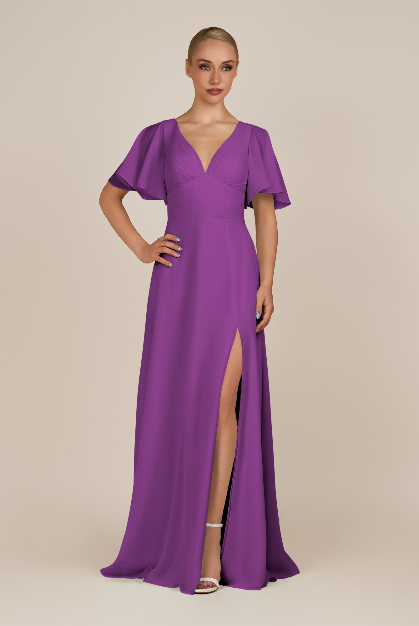 KissDress-Zorina Amethyst Sheath Chiffon Cap Sleeves V Neck Long Bridesmaid Dress with Slit