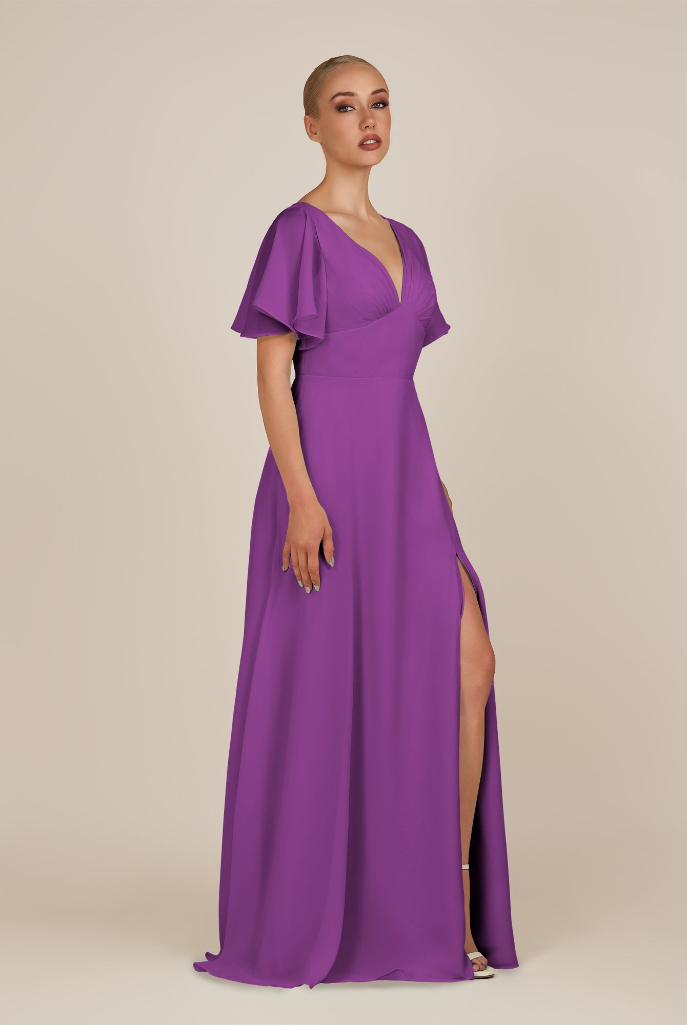 KissDress-Zorina Amethyst Sheath Chiffon Cap Sleeves V Neck Long Bridesmaid Dress with Slit