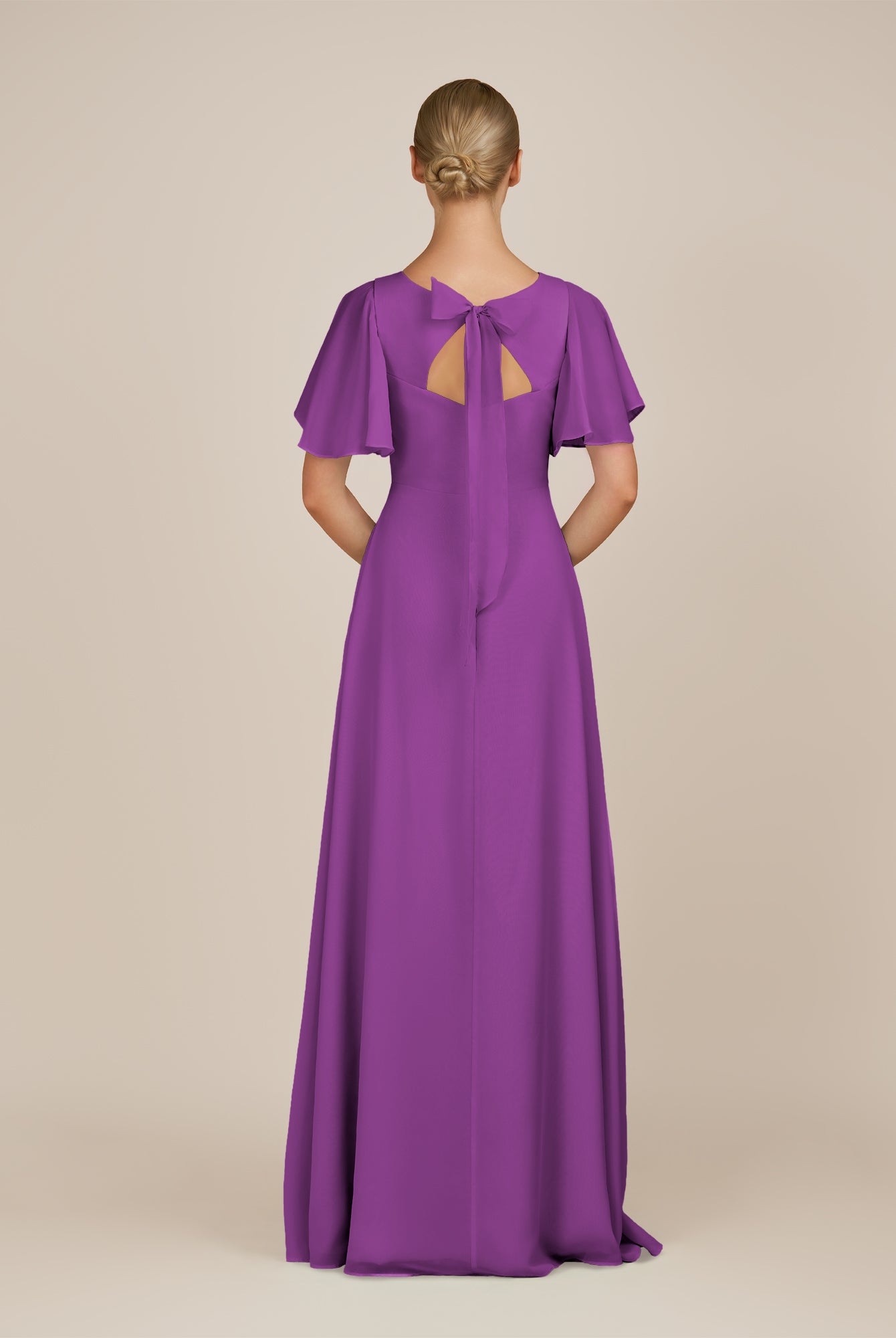 KissDress-Zorina Amethyst Sheath Chiffon Cap Sleeves V Neck Long Bridesmaid Dress with Slit