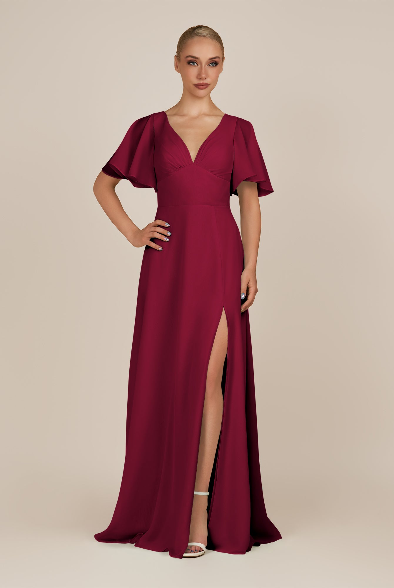 KissDress-Zorina Berry Sheath Chiffon Cap Sleeves V Neck Long Bridesmaid Dress with Slit