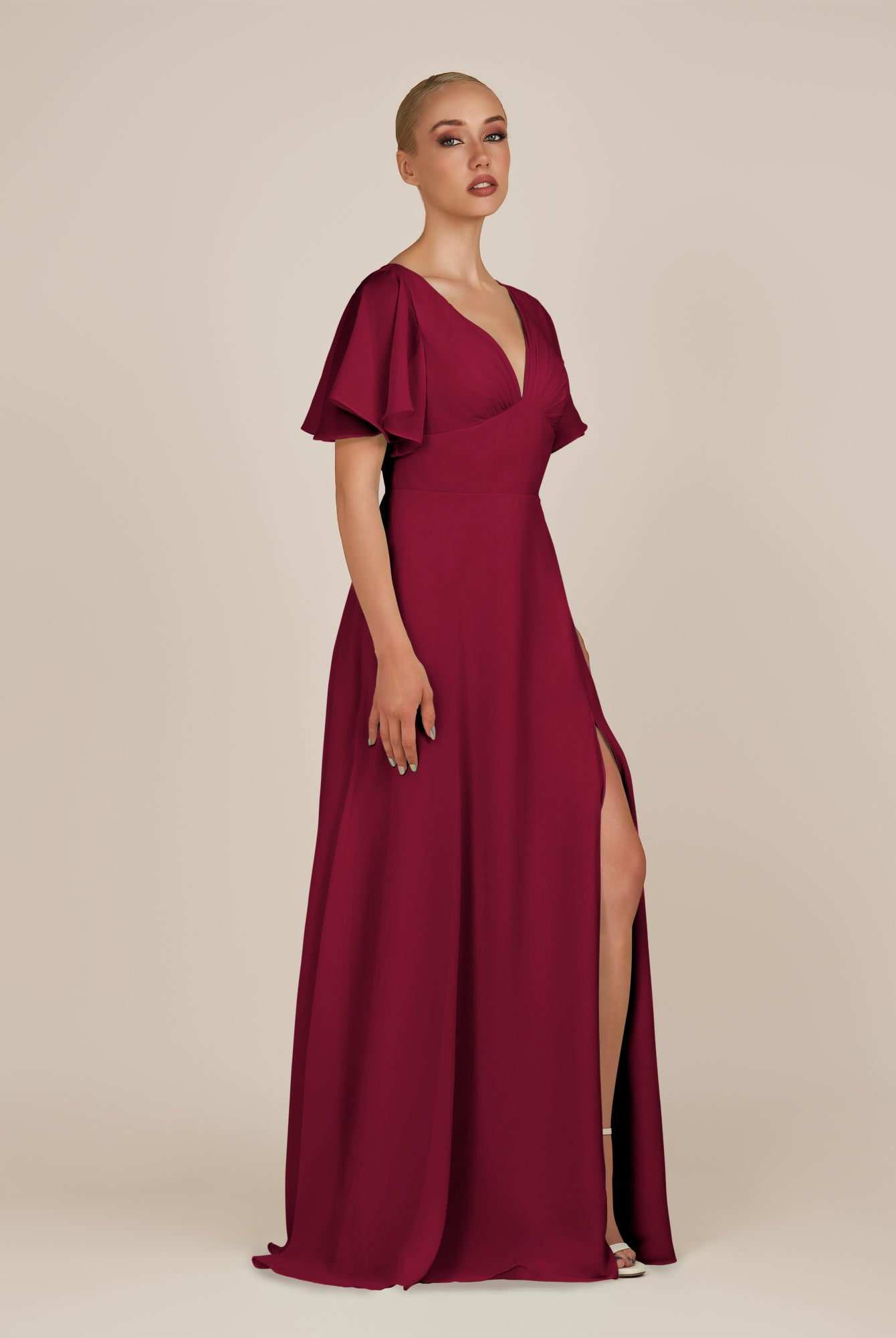 KissDress-Zorina Berry Sheath Chiffon Cap Sleeves V Neck Long Bridesmaid Dress with Slit