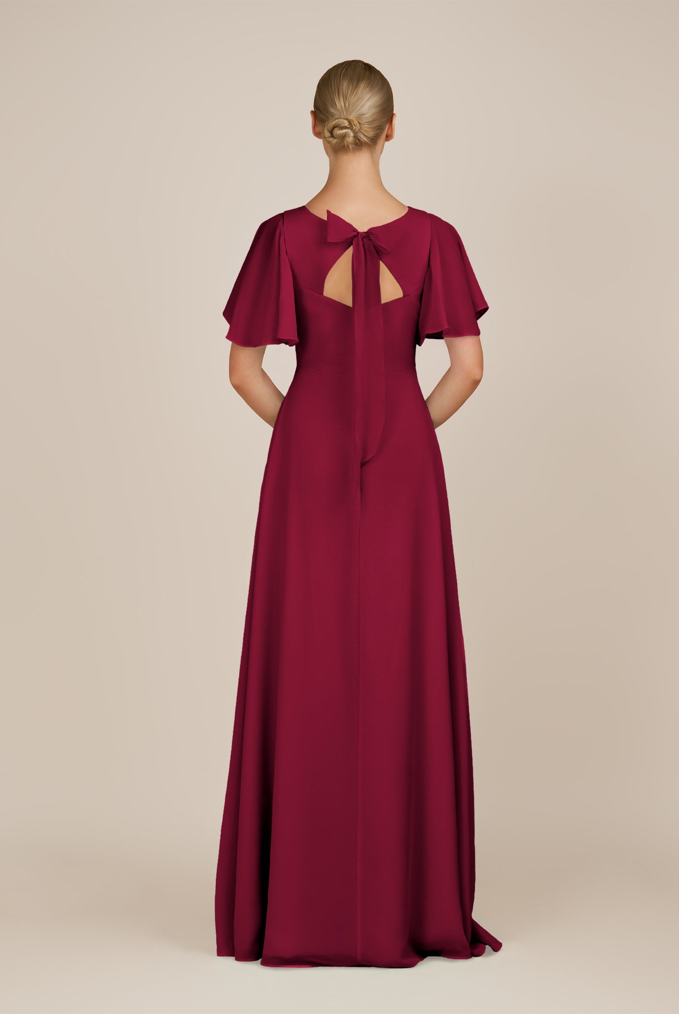 KissDress-Zorina Berry Sheath Chiffon Cap Sleeves V Neck Long Bridesmaid Dress with Slit