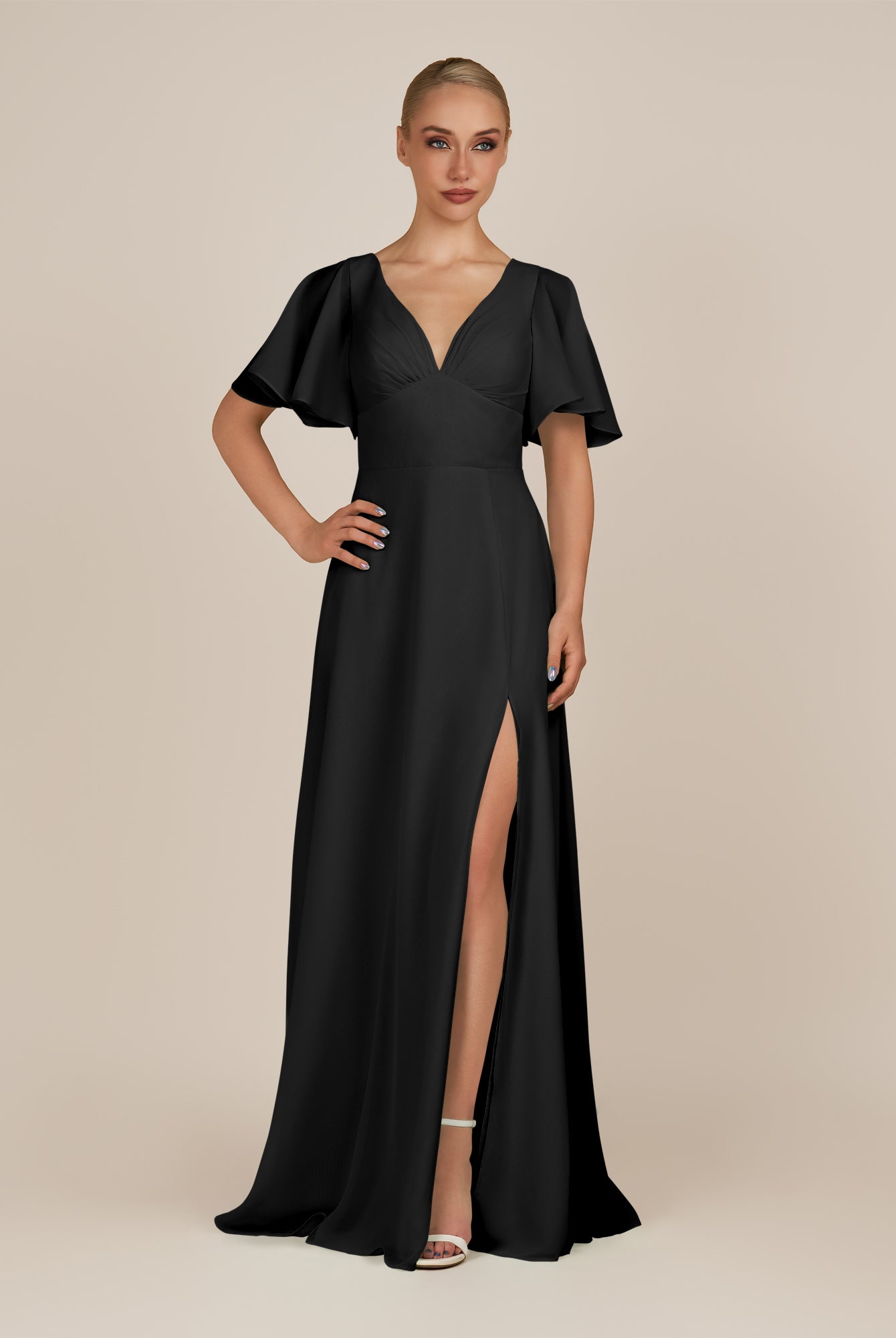 KissDress-Zorina Black Sheath Chiffon Cap Sleeves V Neck Long Bridesmaid Dress with Slit