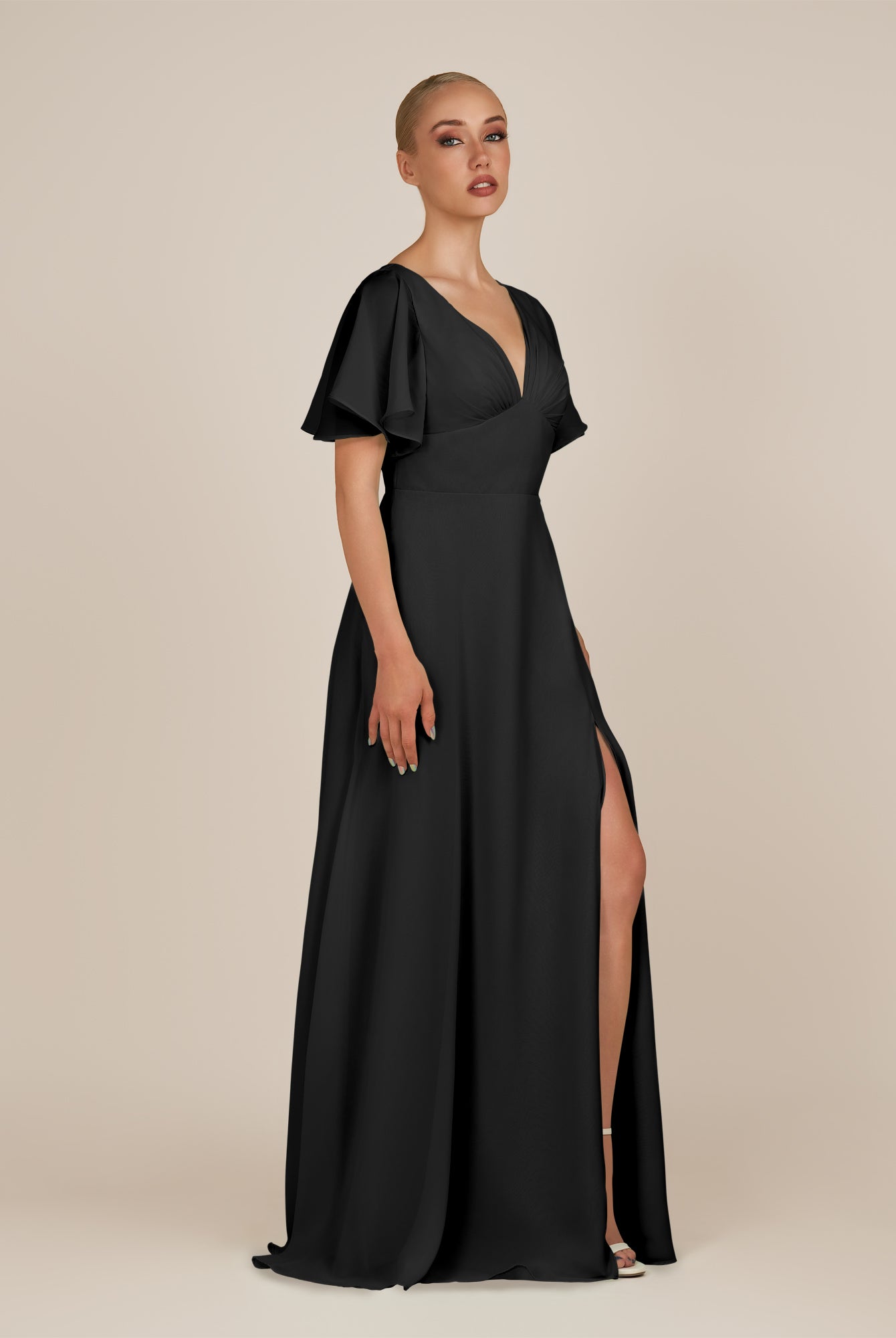 KissDress-Zorina Black Sheath Chiffon Cap Sleeves V Neck Long Bridesmaid Dress with Slit