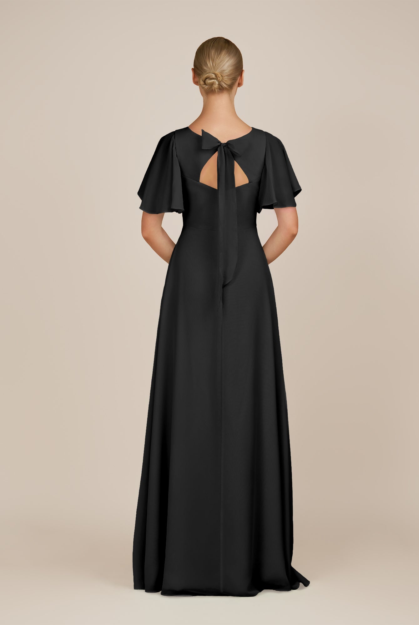 KissDress-Zorina Black Sheath Chiffon Cap Sleeves V Neck Long Bridesmaid Dress with Slit
