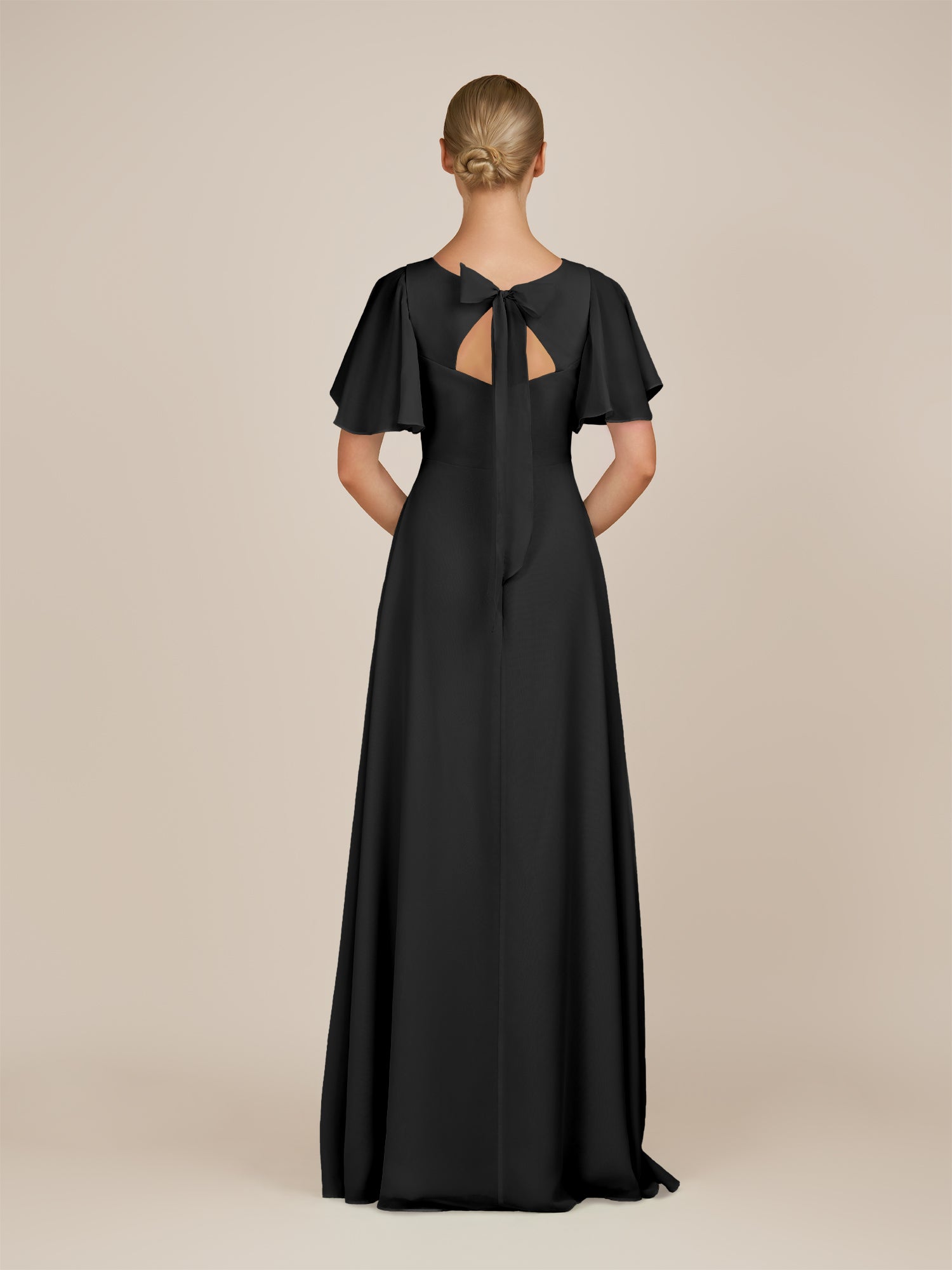 KissDress-Zorina Black Sheath Chiffon Cap Sleeves V Neck Long Bridesmaid Dress with Slit