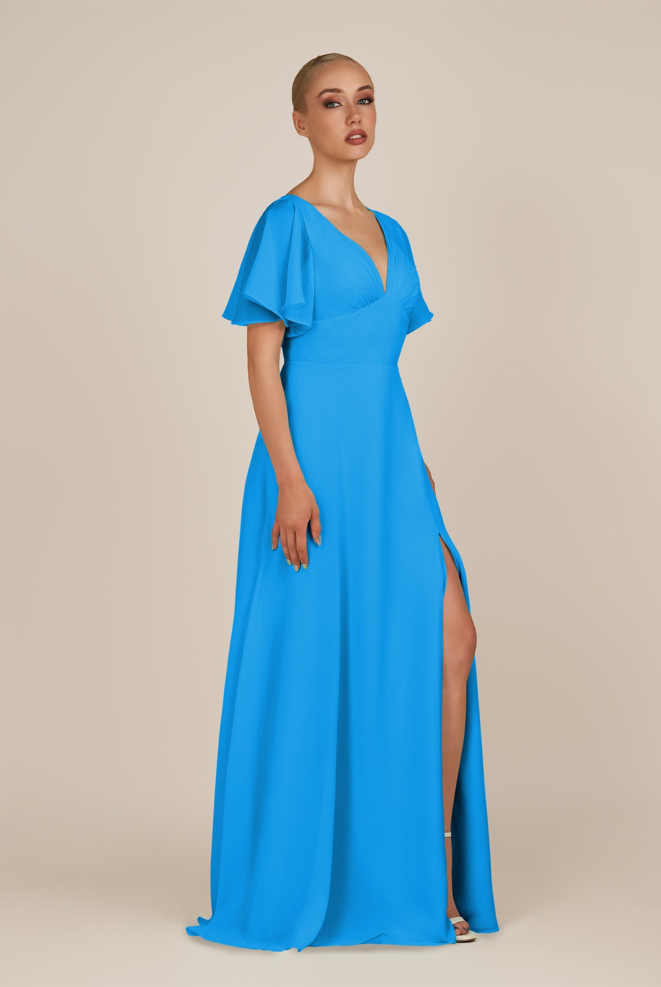 KissDress-Zorina Blue Jay Sheath Chiffon Cap Sleeves V Neck Long Bridesmaid Dress with Slit