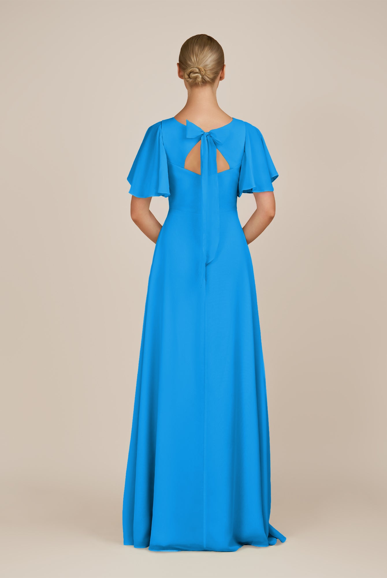 KissDress-Zorina Blue Jay Sheath Chiffon Cap Sleeves V Neck Long Bridesmaid Dress with Slit