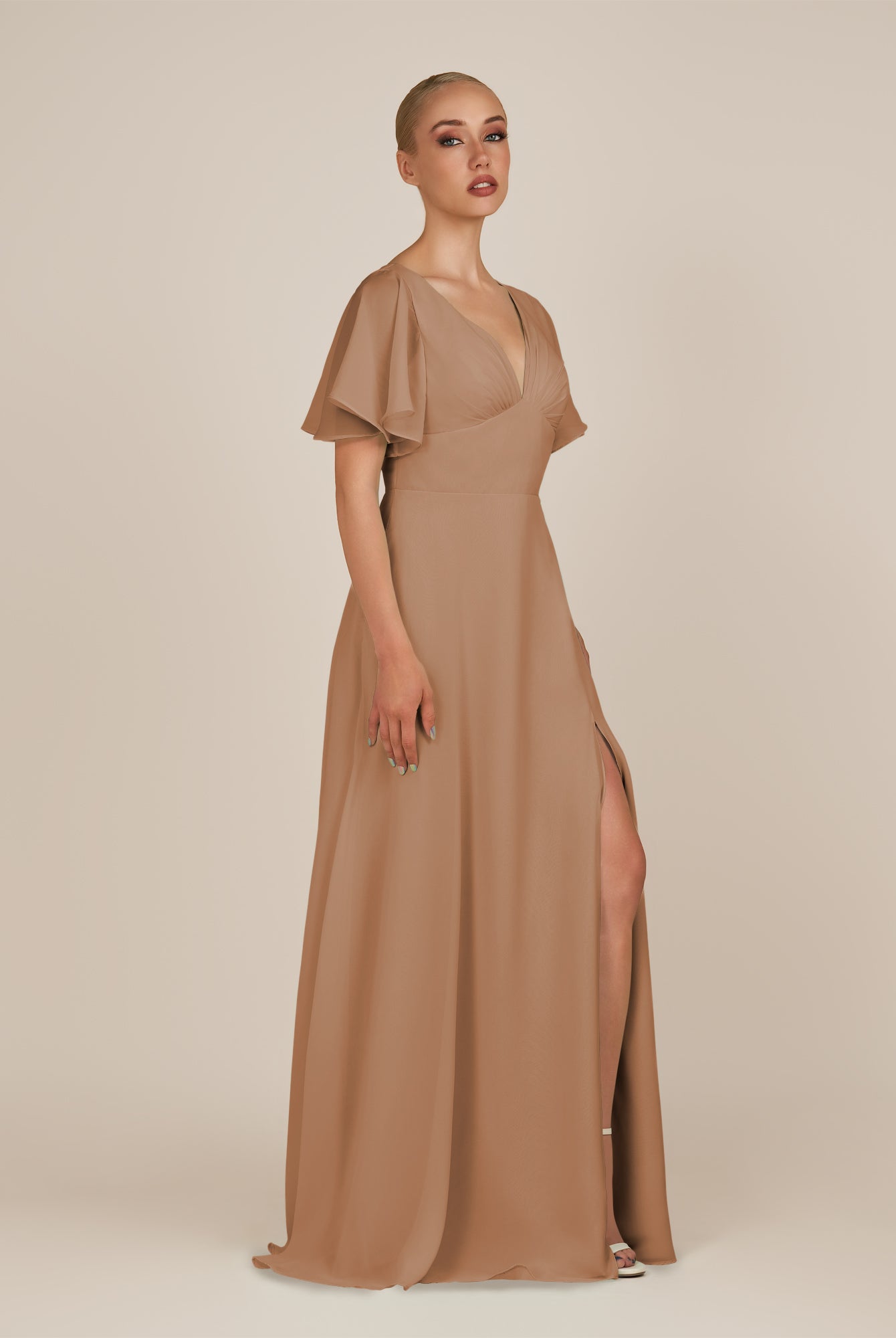 KissDress-Zorina Bronzer Sheath Chiffon Cap Sleeves V Neck Long Bridesmaid Dress with Slit