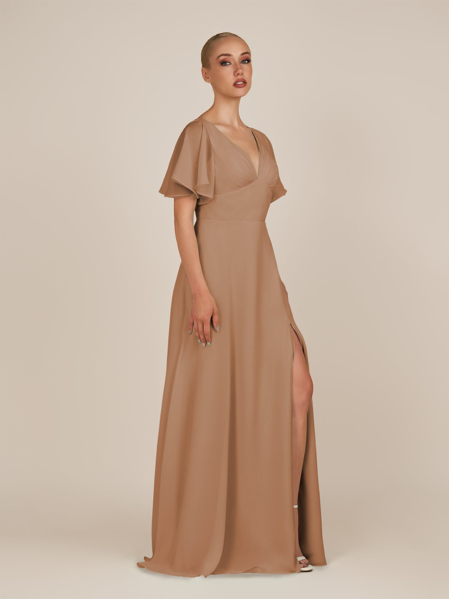 KissDress-Zorina Bronzer Sheath Chiffon Cap Sleeves V Neck Long Bridesmaid Dress with Slit