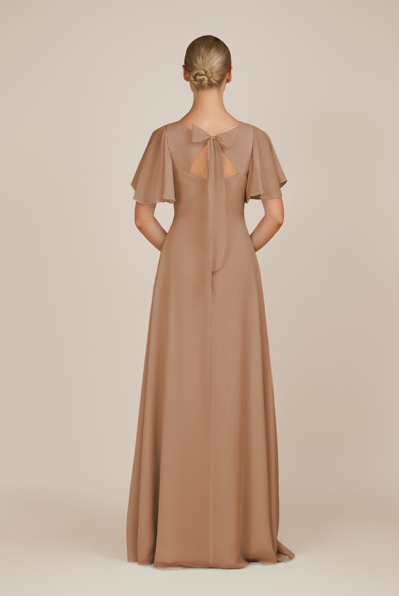 KissDress-Zorina Bronzer Sheath Chiffon Cap Sleeves V Neck Long Bridesmaid Dress with Slit
