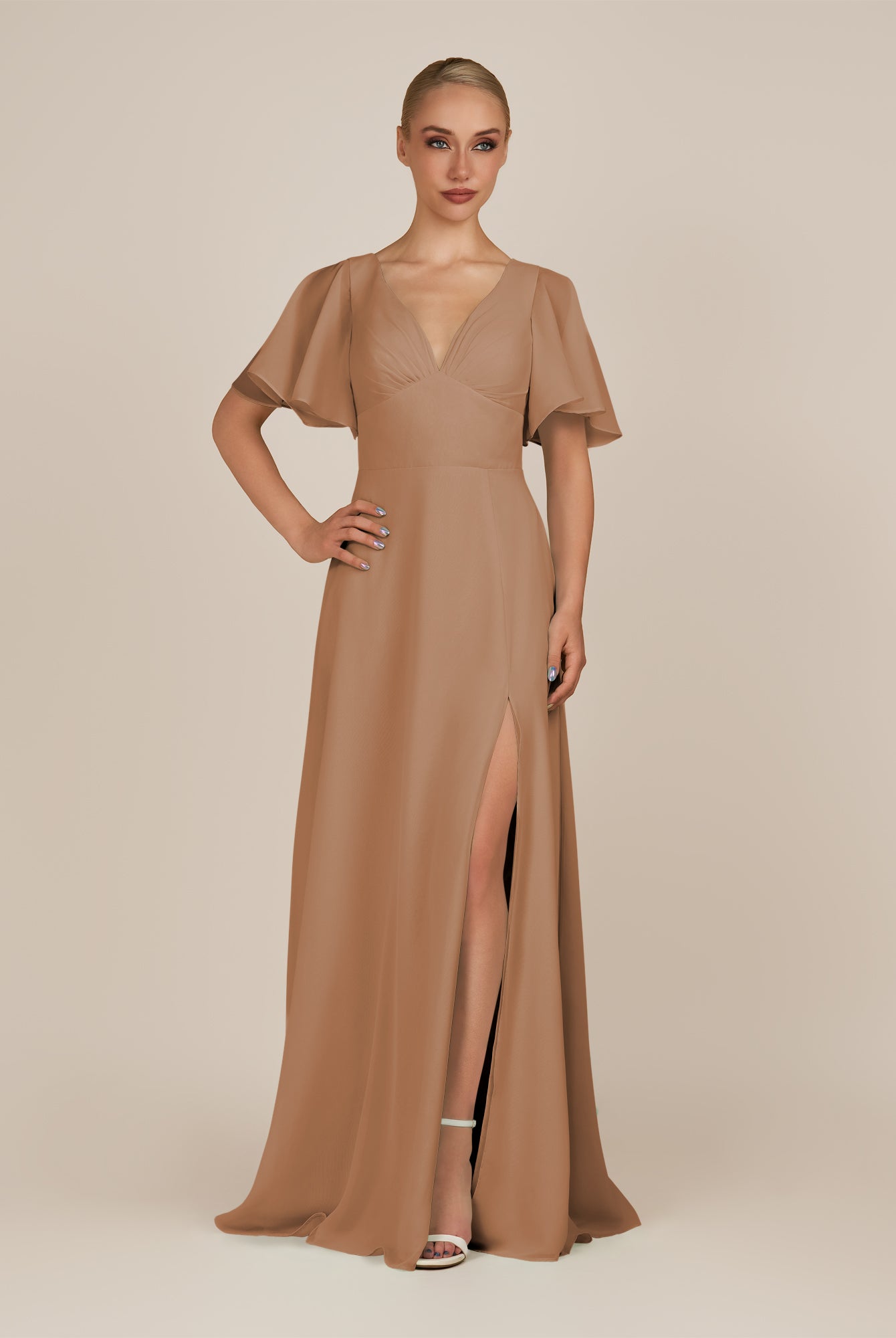 KissDress-Zorina Bronzer Sheath Chiffon Cap Sleeves V Neck Long Bridesmaid Dress with Slit