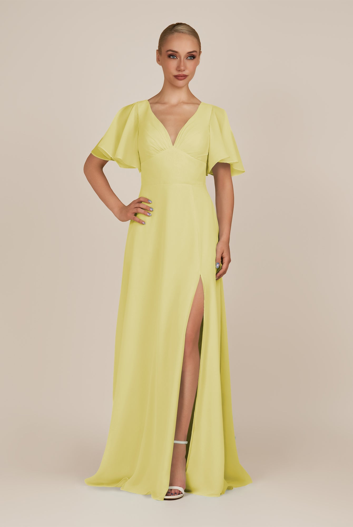 KissDress-Zorina Buttercup Sheath Chiffon Cap Sleeves V Neck Long Bridesmaid Dress with Slit