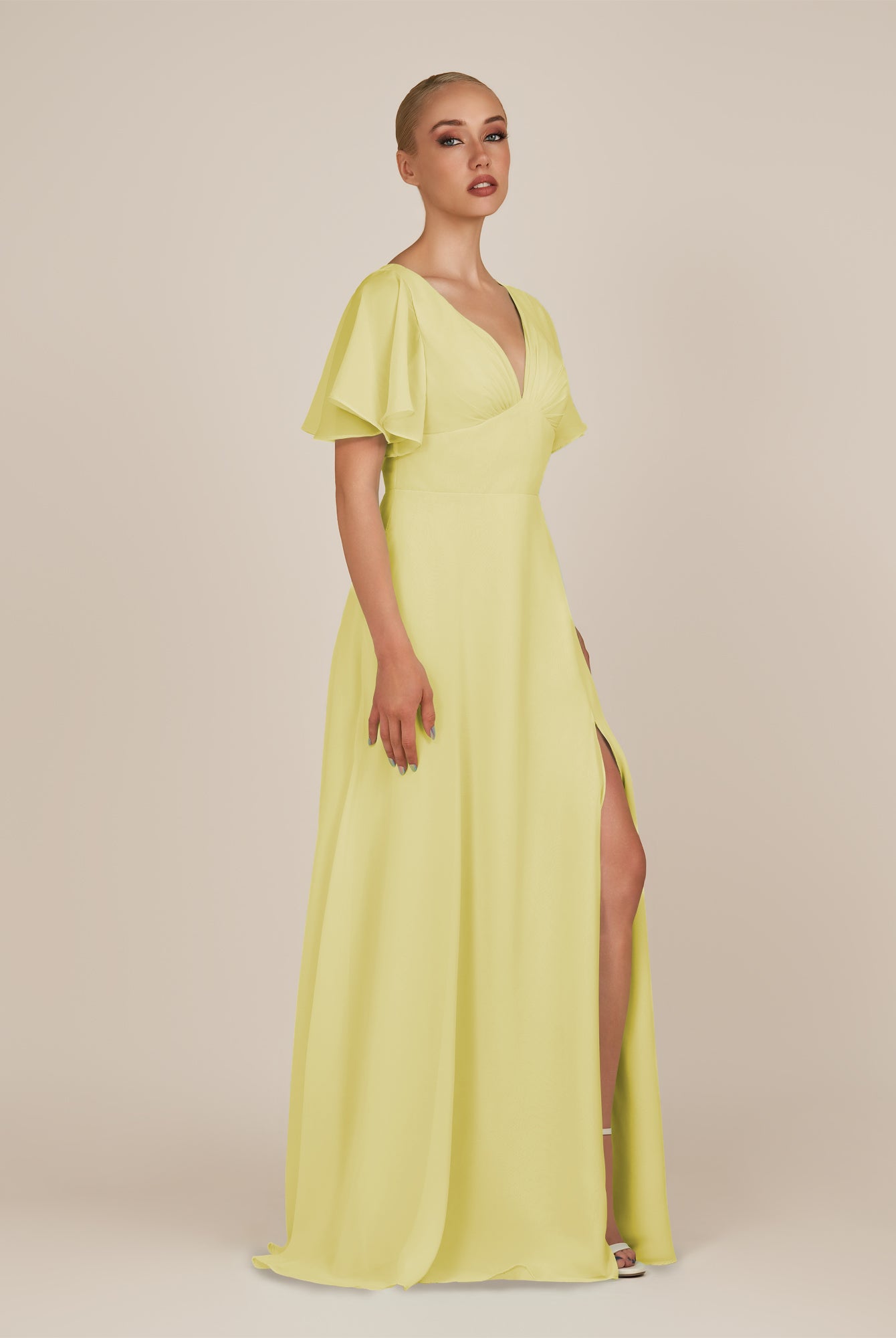 KissDress-Zorina Buttercup Sheath Chiffon Cap Sleeves V Neck Long Bridesmaid Dress with Slit