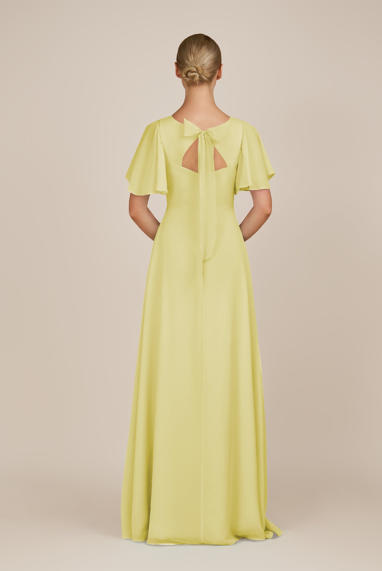 KissDress-Zorina Buttercup Sheath Chiffon Cap Sleeves V Neck Long Bridesmaid Dress with Slit