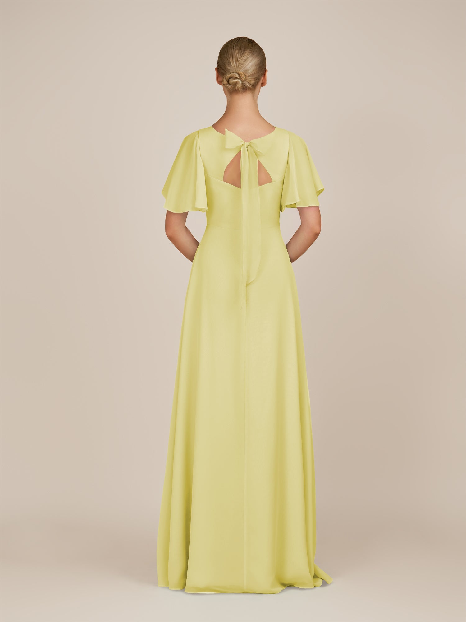 KissDress-Zorina Buttercup Sheath Chiffon Cap Sleeves V Neck Long Bridesmaid Dress with Slit