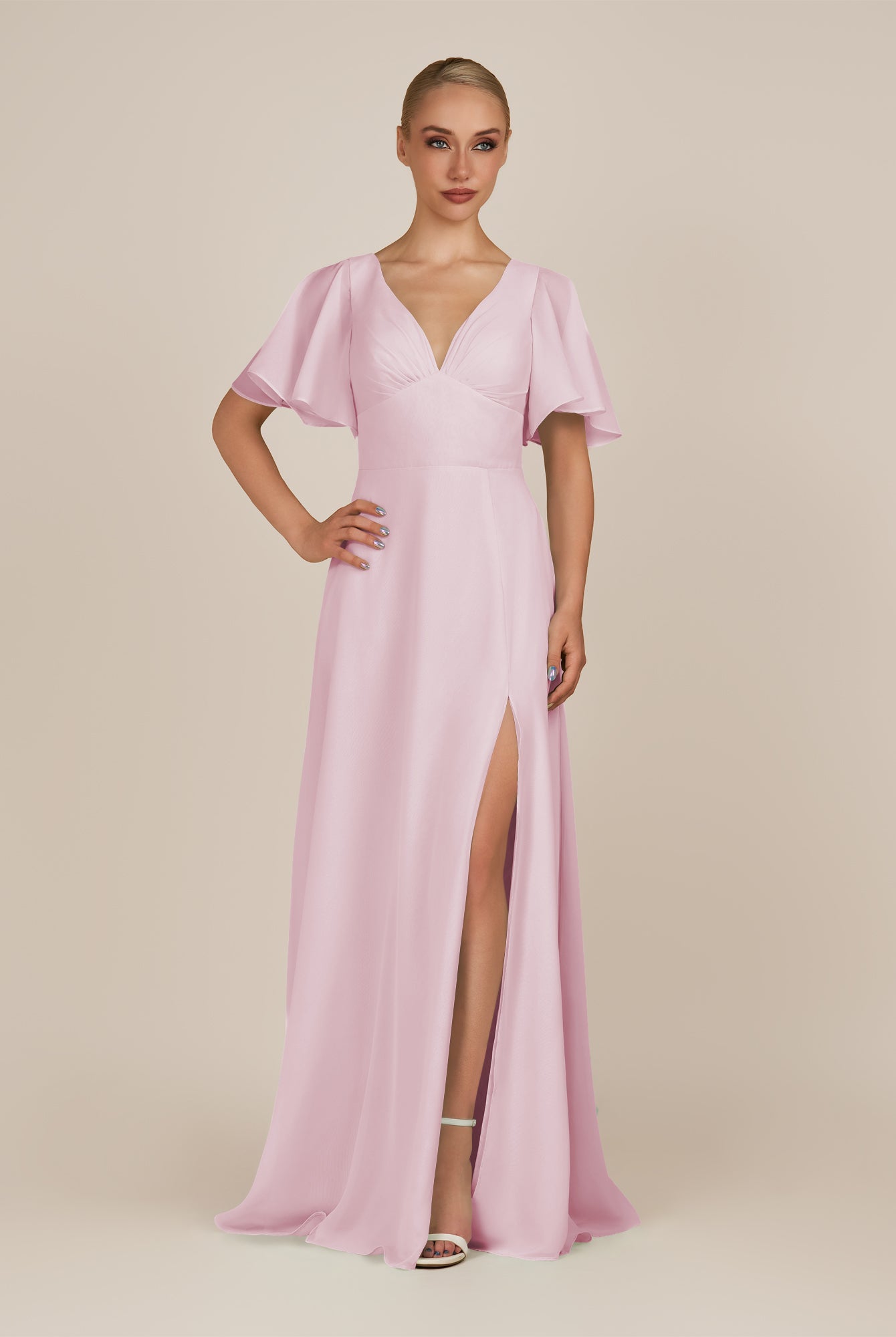 KissDress-Zorina Candy Pink Sheath Chiffon Cap Sleeves V Neck Long Bridesmaid Dress with Slit
