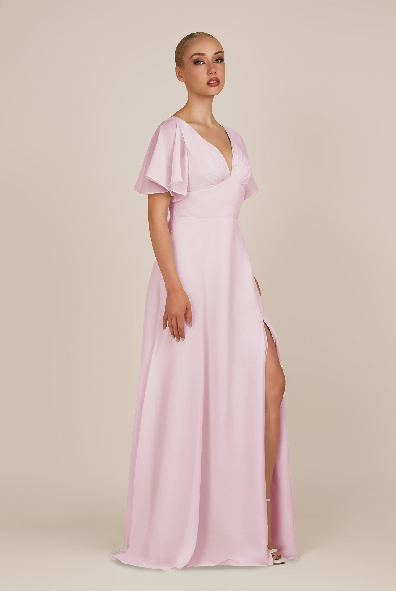 KissDress-Zorina Candy Pink Sheath Chiffon Cap Sleeves V Neck Long Bridesmaid Dress with Slit