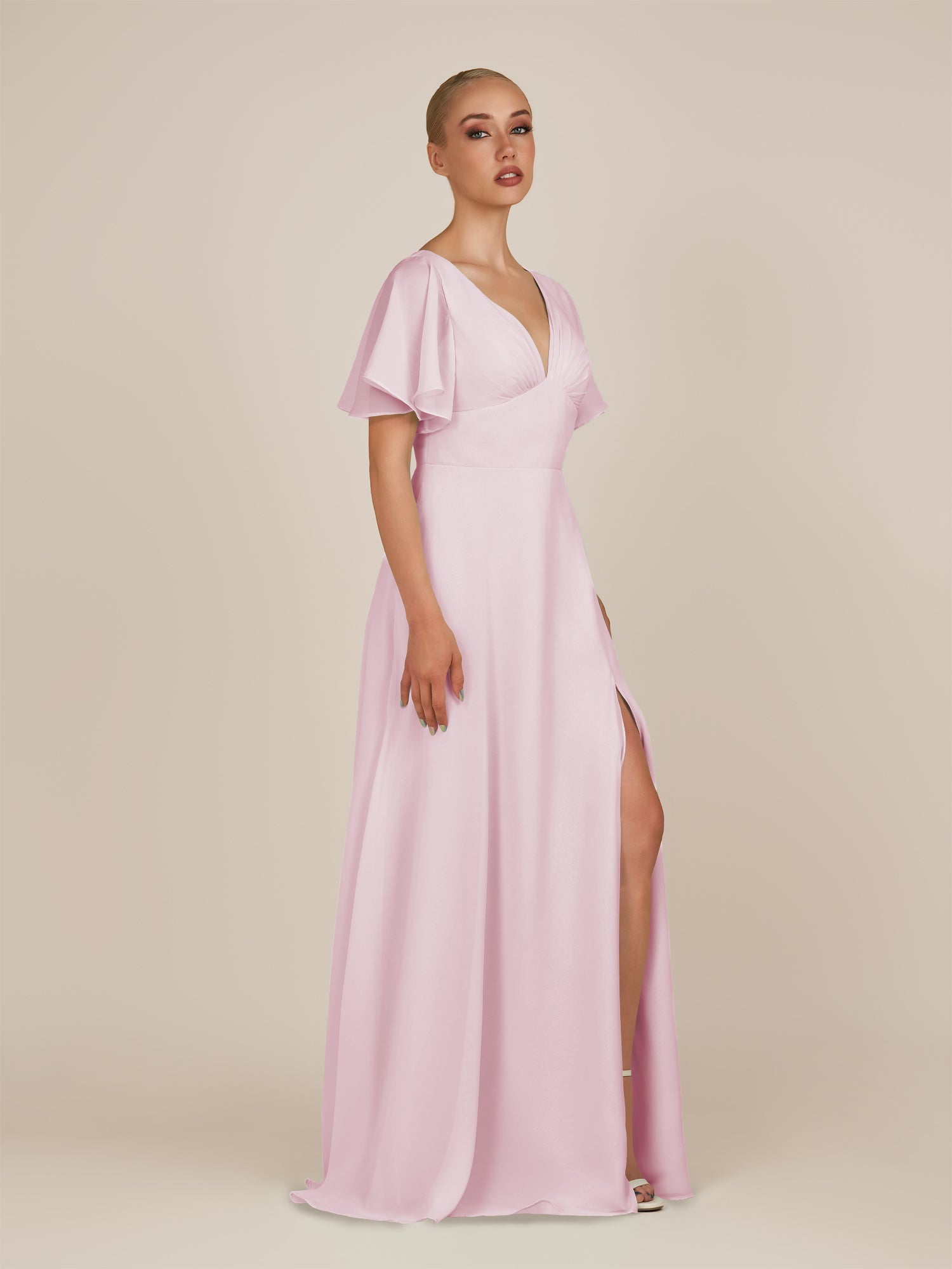 KissDress-Zorina Candy Pink Sheath Chiffon Cap Sleeves V Neck Long Bridesmaid Dress with Slit