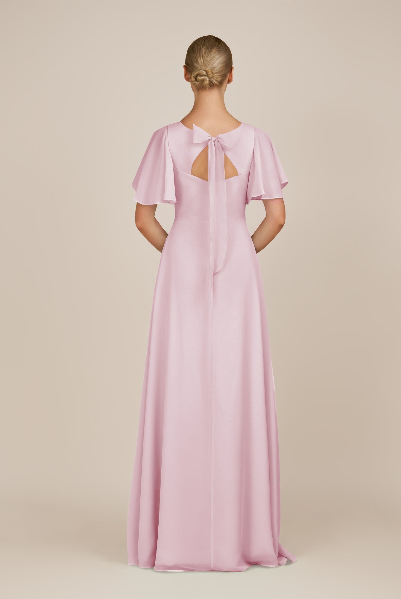 KissDress-Zorina Candy Pink Sheath Chiffon Cap Sleeves V Neck Long Bridesmaid Dress with Slit
