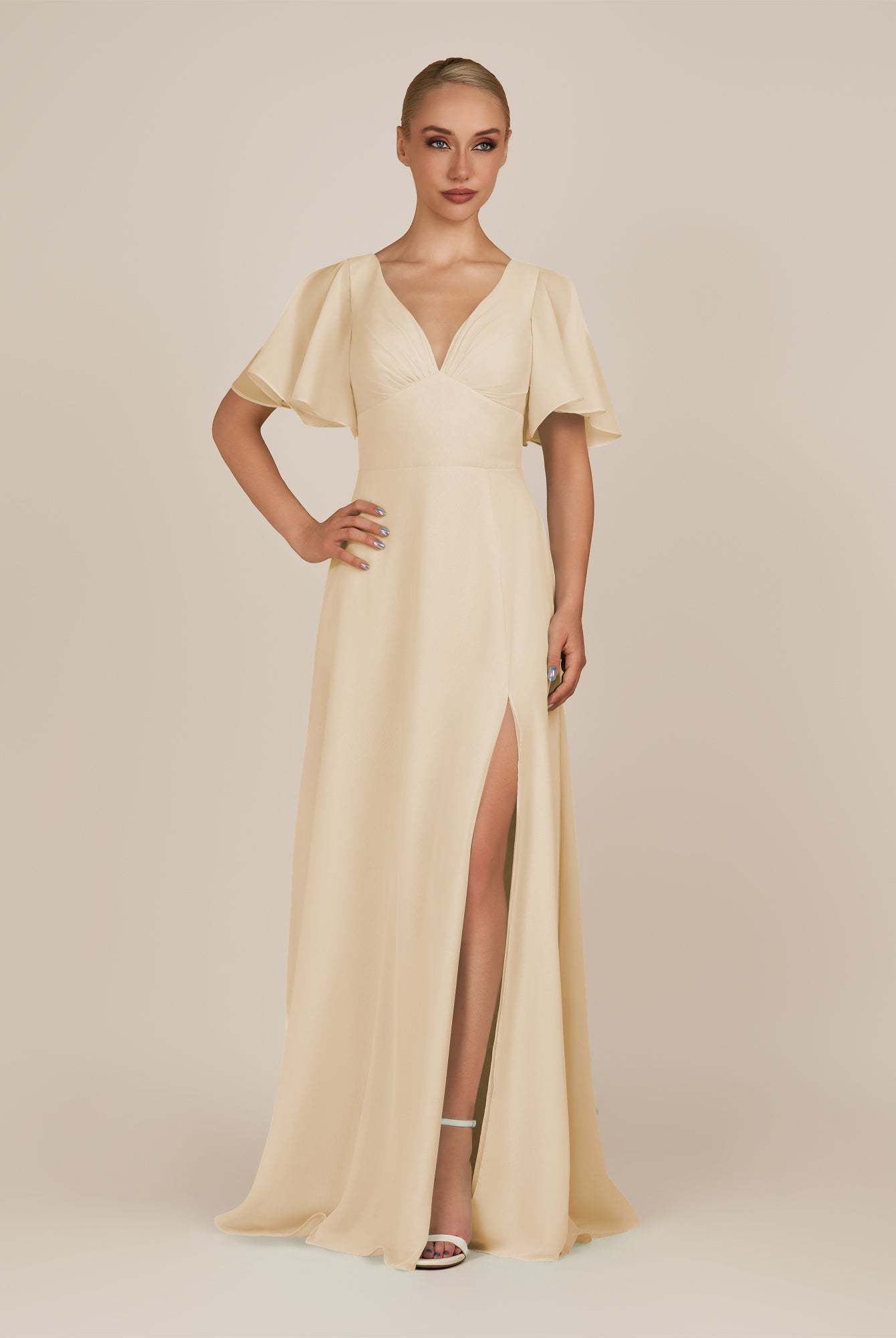KissDress-Zorina Champagne Sheath Chiffon Cap Sleeves V Neck Long Bridesmaid Dress with Slit