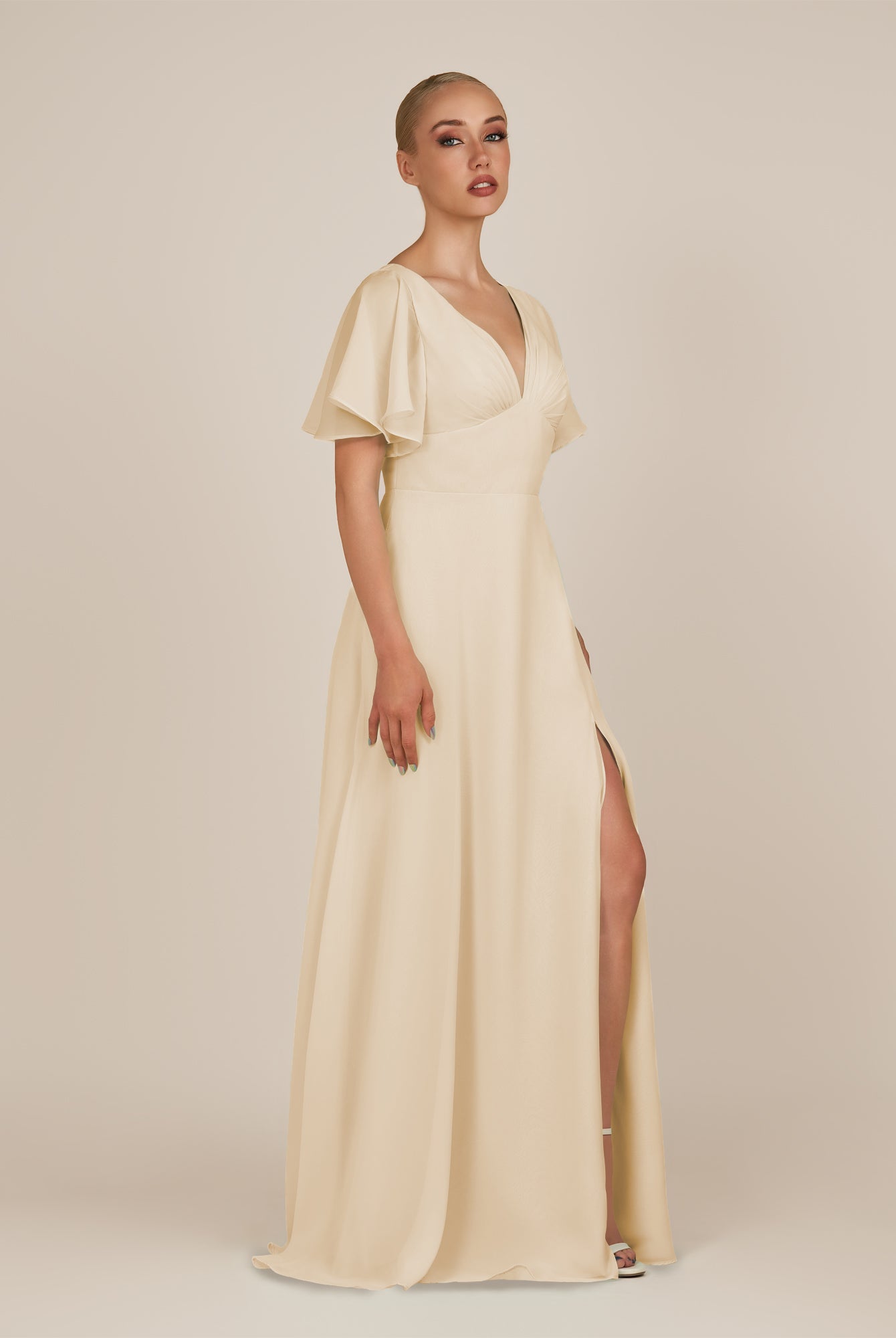 KissDress-Zorina Champagne Sheath Chiffon Cap Sleeves V Neck Long Bridesmaid Dress with Slit